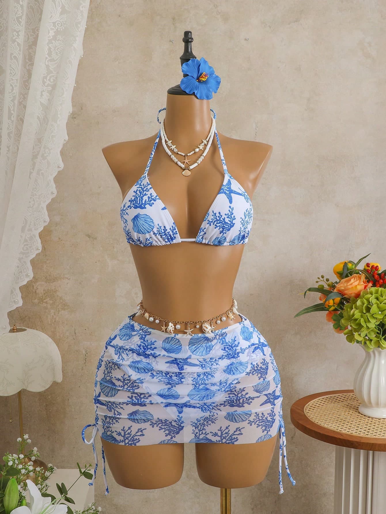 Bellisia Sexy Leopard Print Halter Neck Triangle Cup Mesh Sarong Tie Side Bikini 3-Piece Swimwear For Women Vacation Outfit Sets