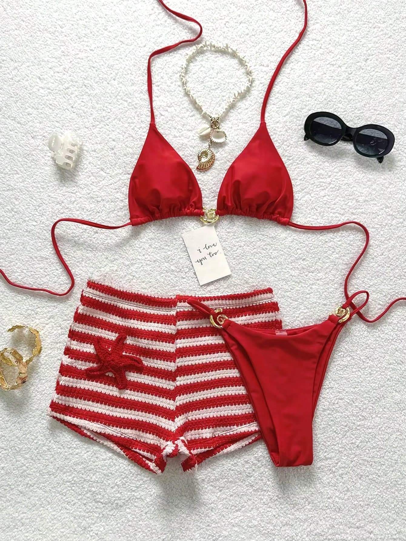 Soleia Beach Outfit For Women Summer Outfits Vacation Red Bikini Women's Solid Color Halter Tie Knot Top And Bottom Set, Paired With Striped Print Shorts