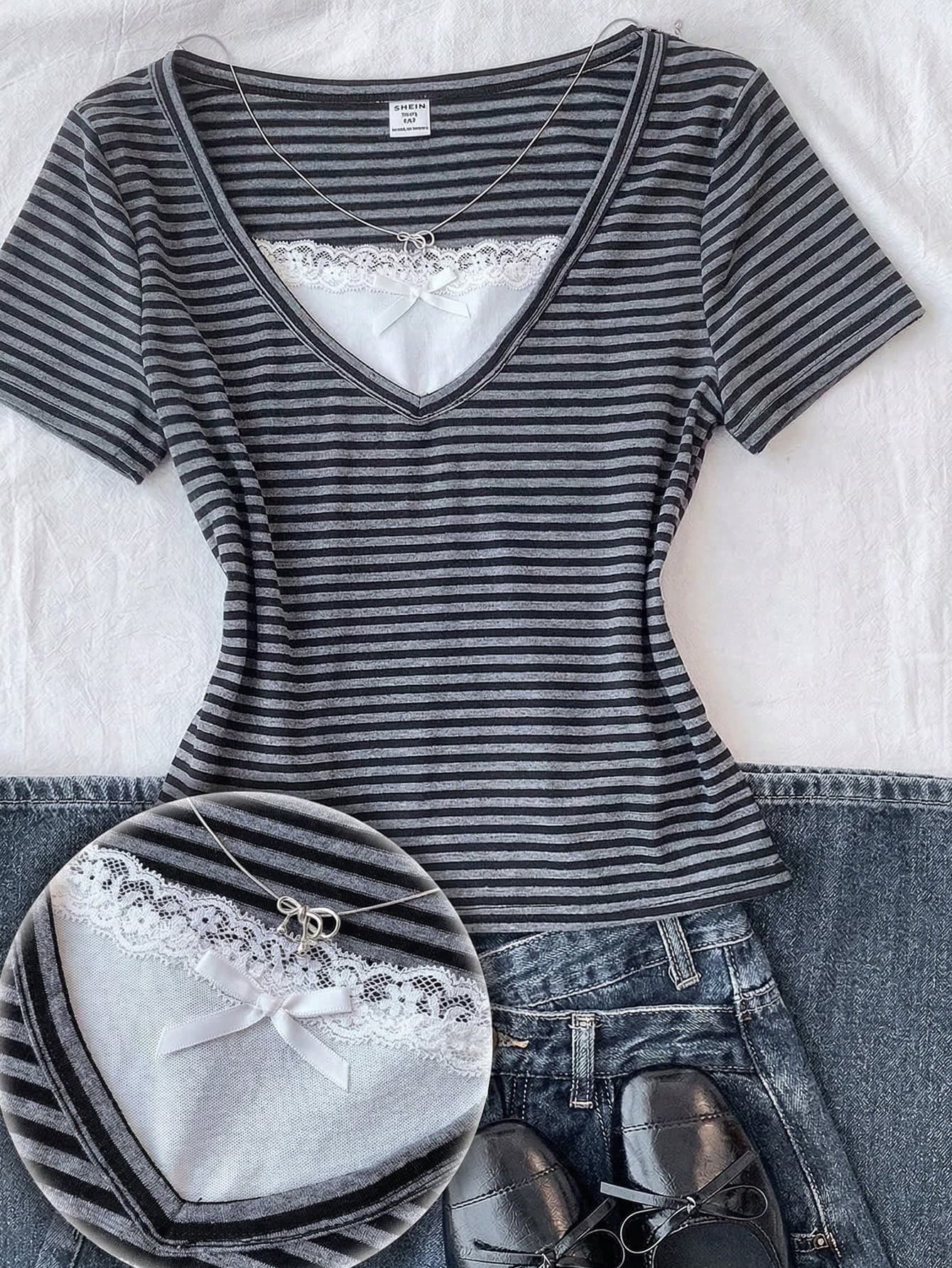 Teen Girls Short Sleeve Grey Striped 2 In 1 Lace T-Shirt Top Casual For Girl Outfits Set Summer Women Shirt Clothes Cute