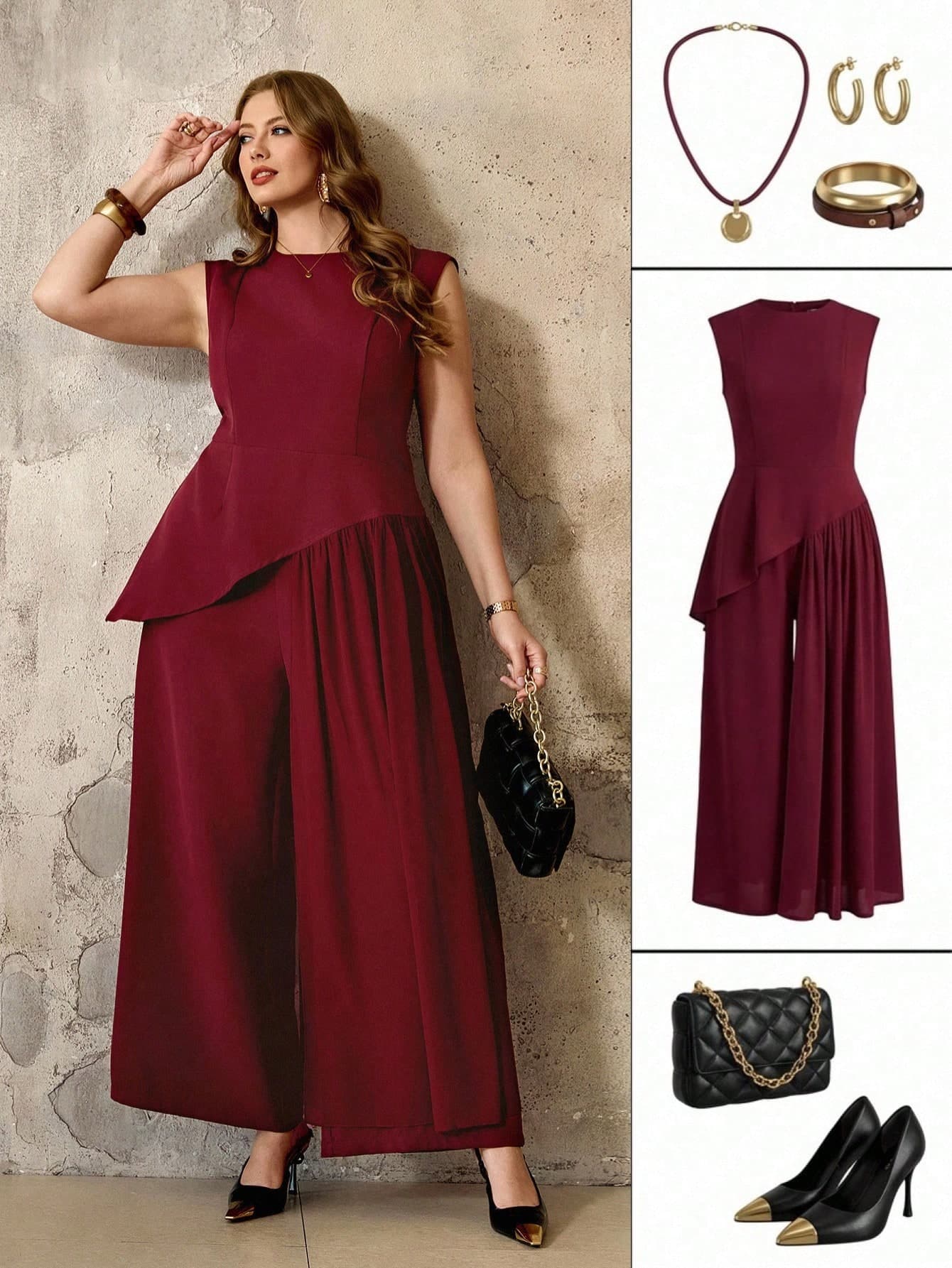 Roveilla 2pcs/Set Plus Size Women Summer Burgundy Elegant Mal Autumn Chiffon Asymmetric Peplum Top & Wide Leg Pants Suit,Classy Wedding Guest Jumpsuit ,Work