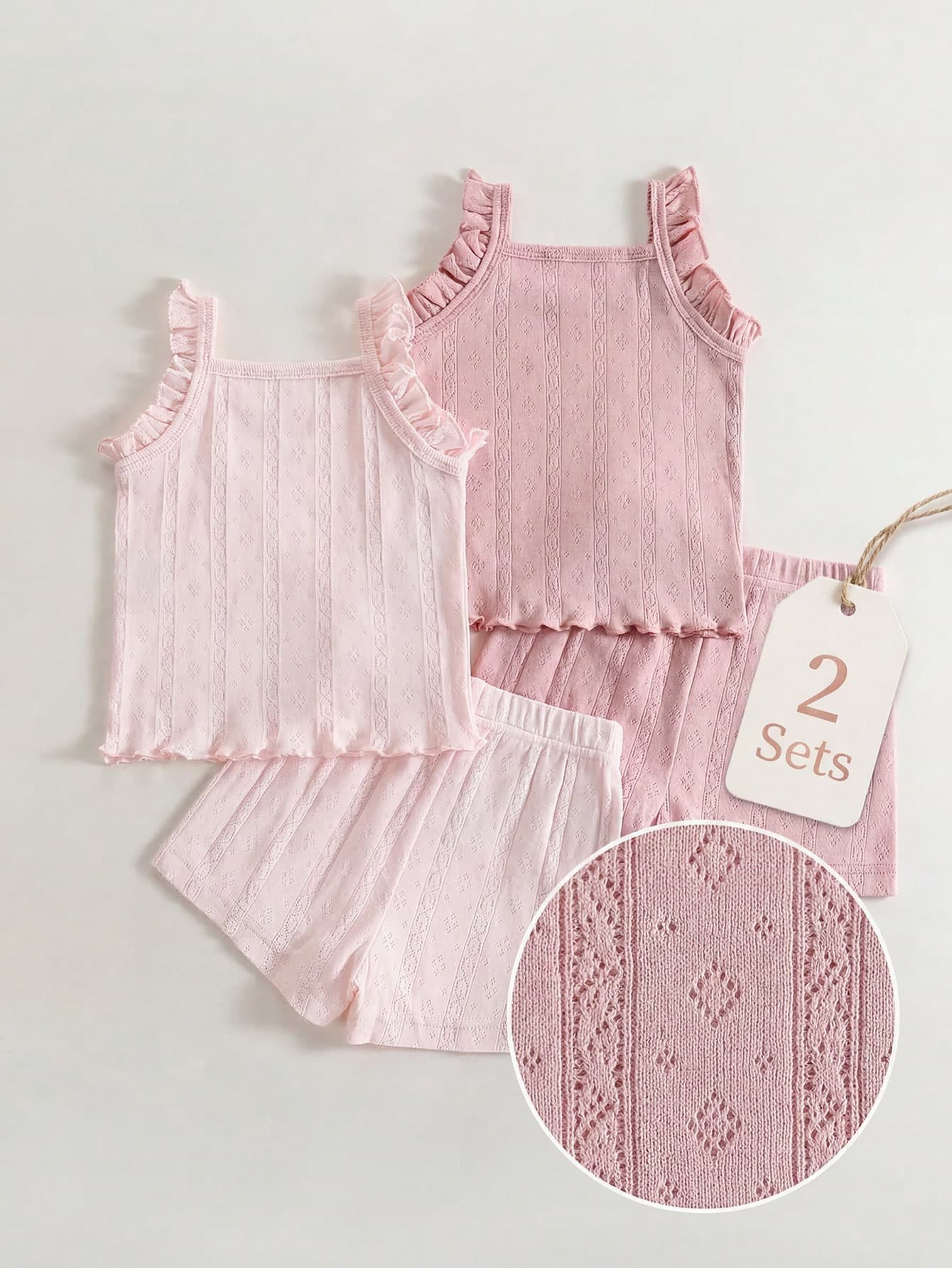 Playful Pals 2 Pieces Set Baby Girls Summer Outfits Cute Dusty Pink Pointelle Knit Ruffle Tank Tops And Shorts Family Matching Soft Sleeveless Casual Beach Party