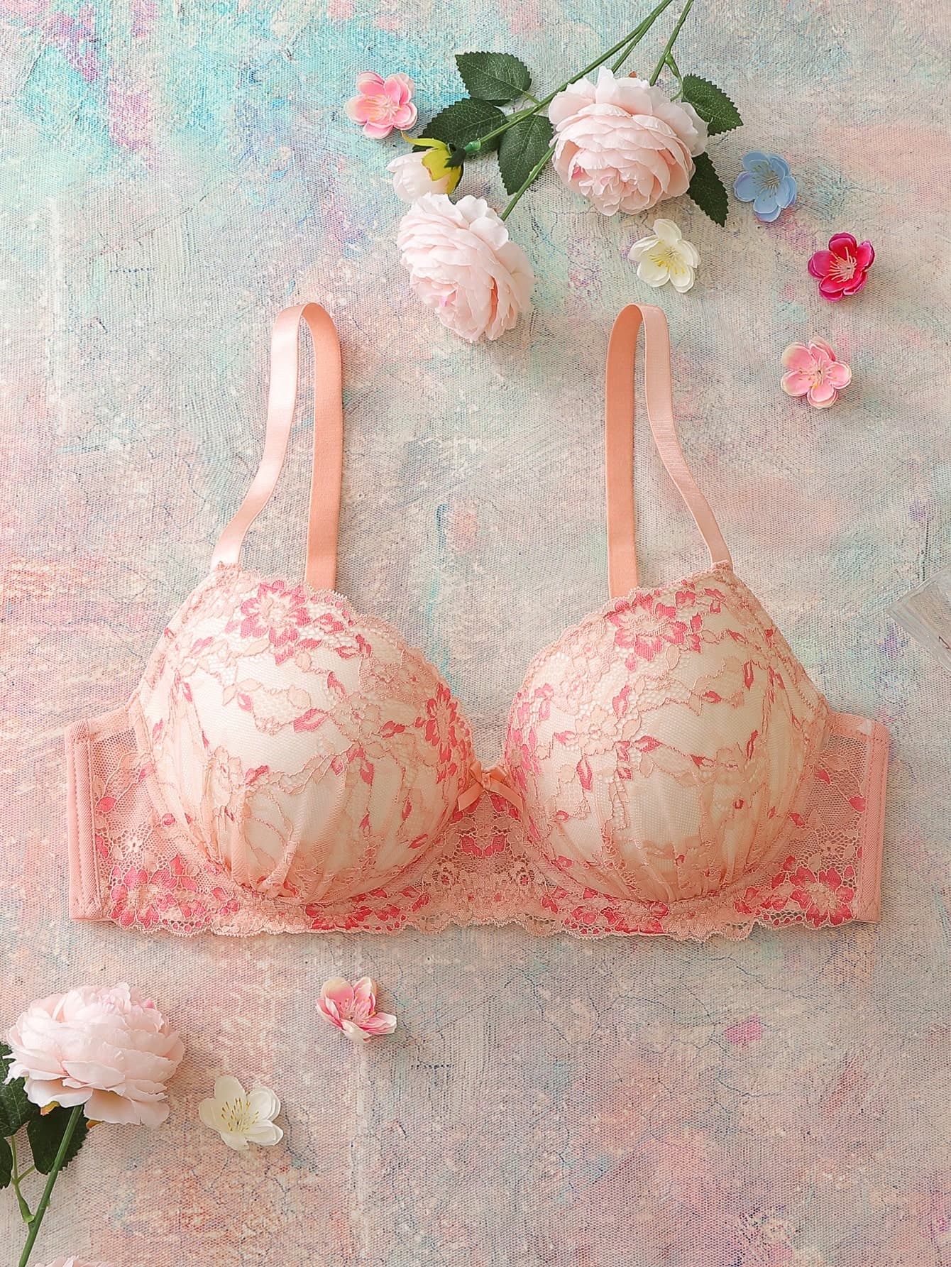 SHEIN Two-Tone Lace Floral Lace Patchwork Underwire Molded Cup Push Up Comfy Balconette Cute Romantic Gift Bow Cute Babydoll Plus Size Bra & Non-Wired Bra