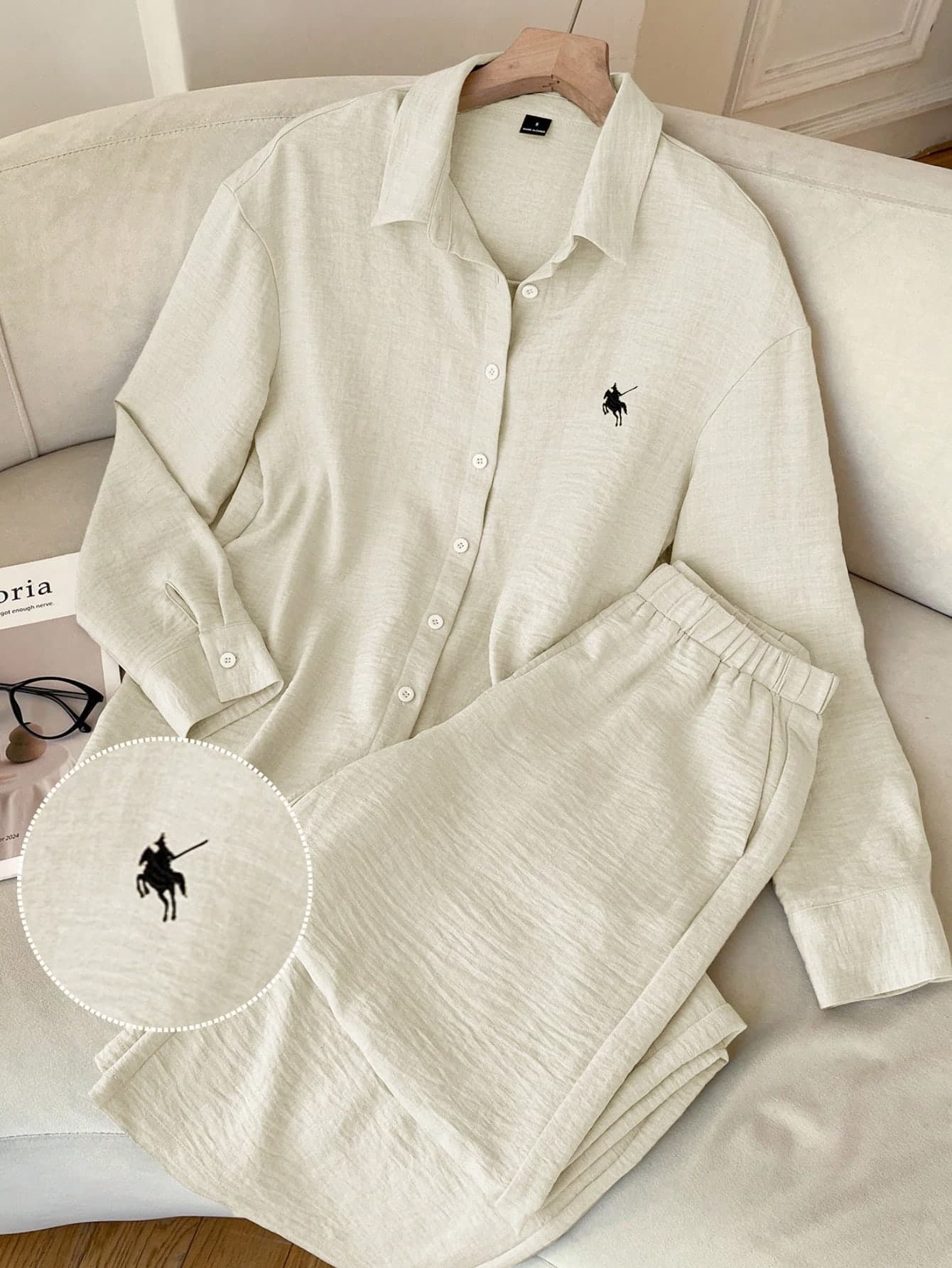 SHEIN EZwear Women's Apricot Woven Embroidered Long Sleeve Shirt And Pants Casual Suit Lounge Wear Loungewear Co Ords Set Winter