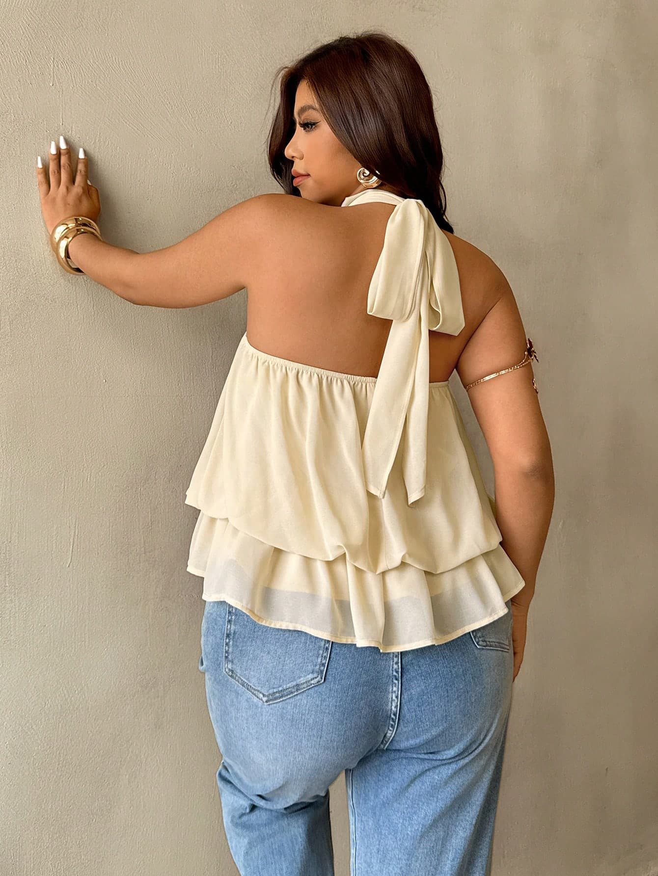 Auralis Plus Size Women Solid Color Backless Halter Tie Neck Babydoll Top Summer Beach Top