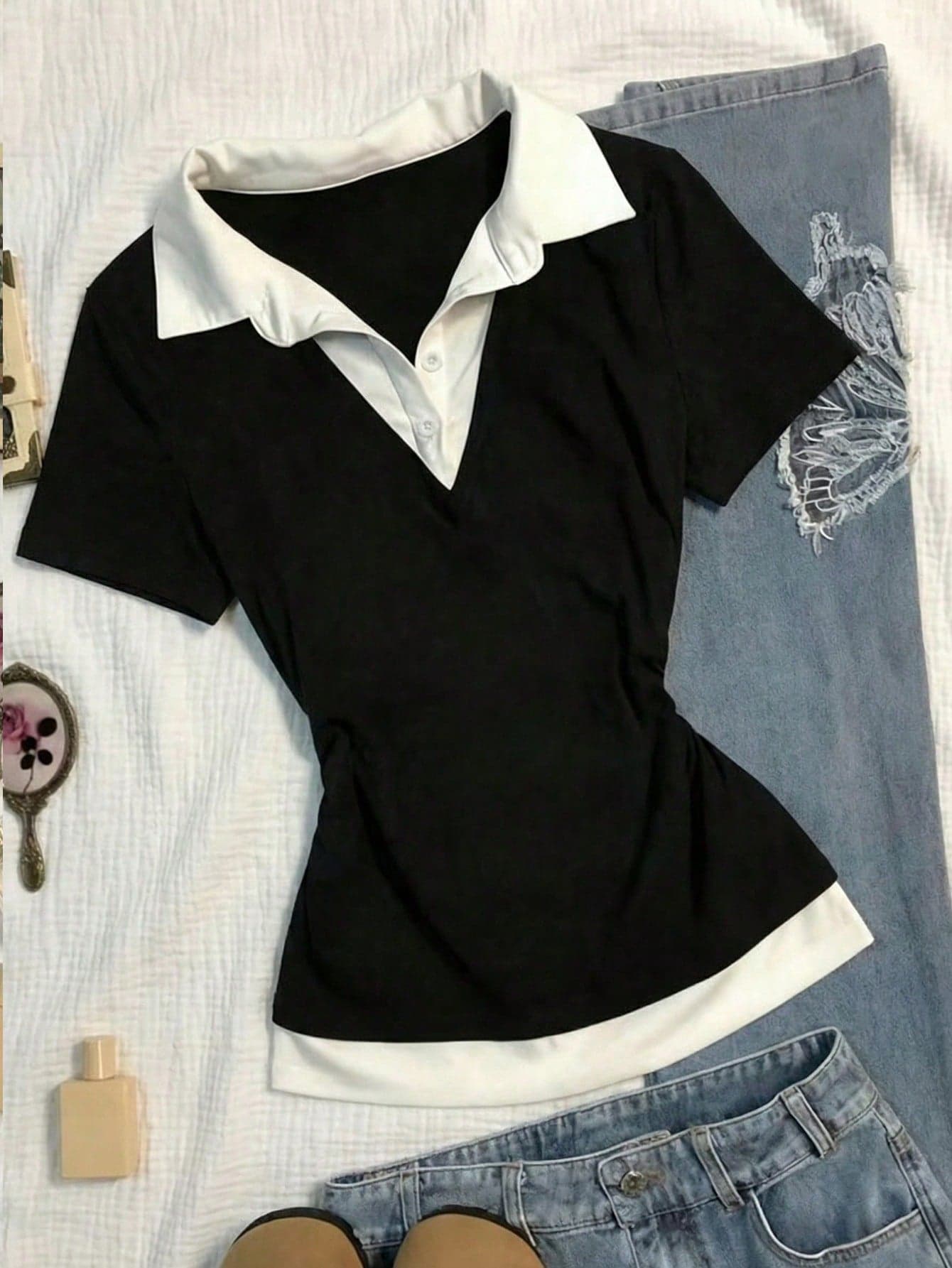 Teen Girls Black & White Polo Collar Short Sleeve Casual T-Shirt,Kids
