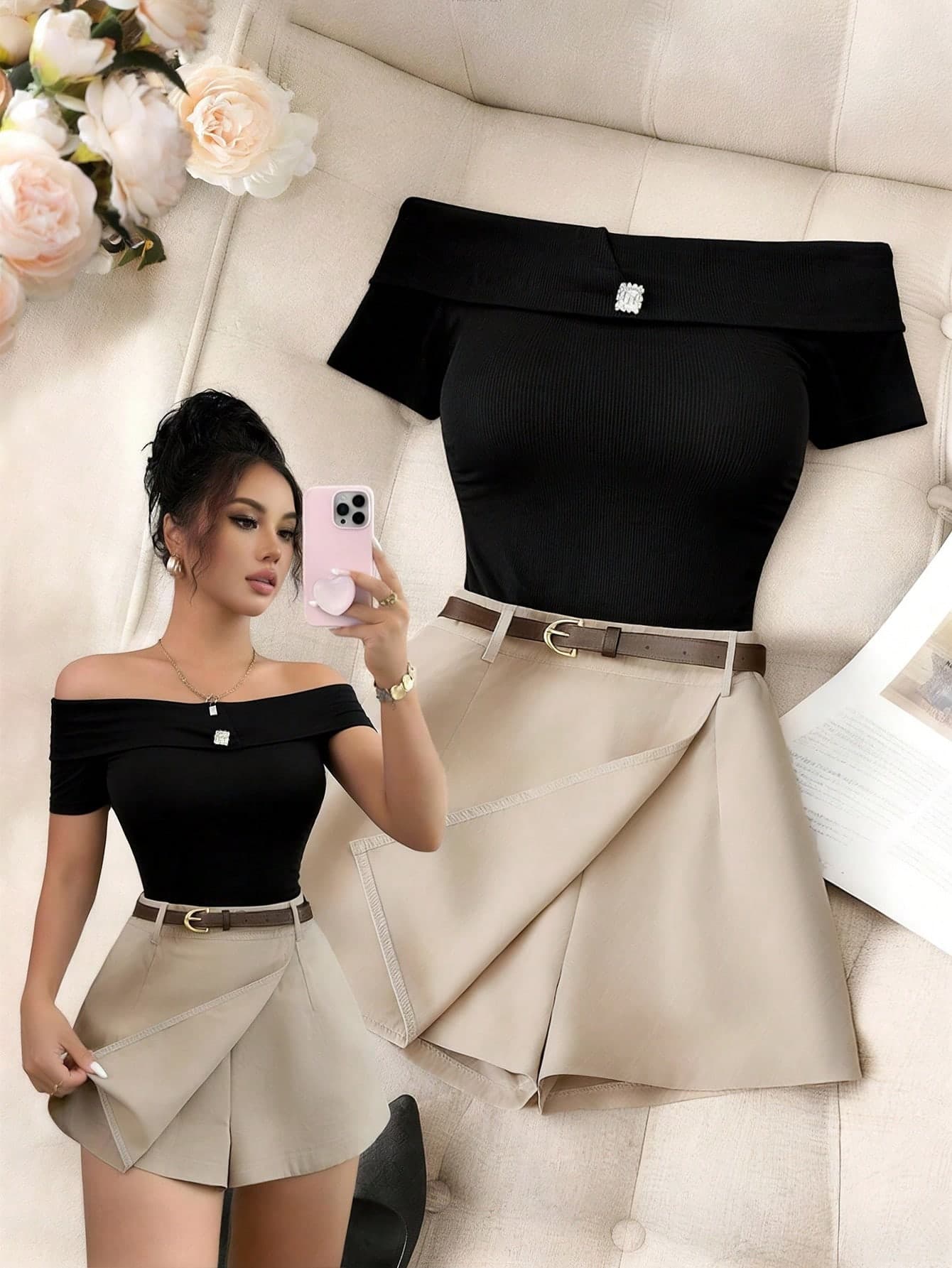 Franclia Women's Elegant 2-Piece Summer Set,Black Off-Shoulder Ribbed Knit Top & Beige Belted Skort,Chic Party Co-Ords For Business Casual Office & Vacation