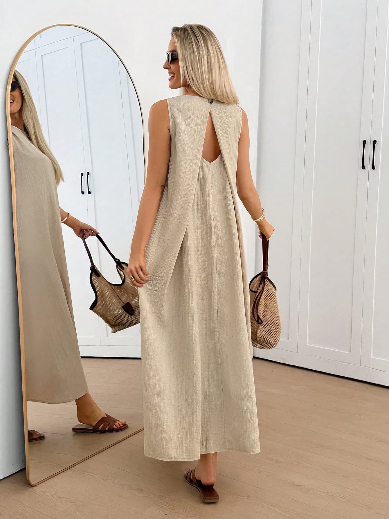 SHEIN LUNE Loose Sleeveless Midi Dress With Asymmetrical Hem,Pleated Back Tie,Textured Chiffon Fabric,Casual Vacation Light Beige Summer Elegant Office Wear