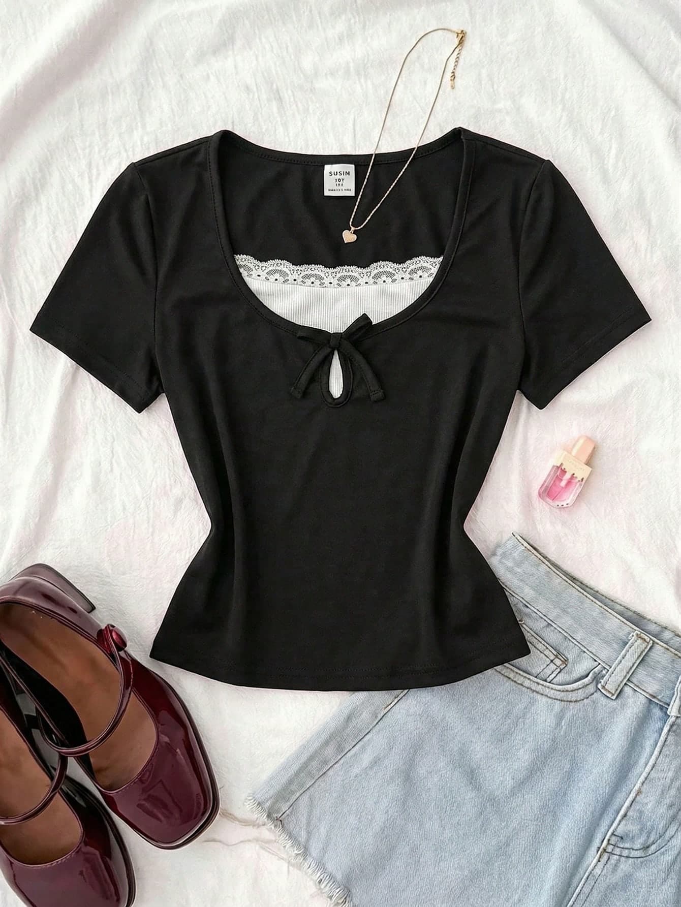 Teen Girls'cute, Summer Black And White Rib Knit Contrast Lace Ruffle Bow Tie Fitted Short Sleeve T-Shirt, Y2K Casual Graduation Top