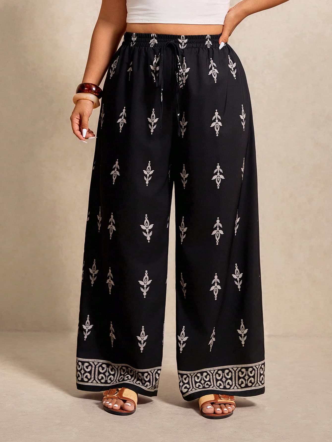 Elaquor Plus Size Women's Floral Print Drawstring Waist Wide Leg Pants Printed For Women Boho Summer Beach Palazzo