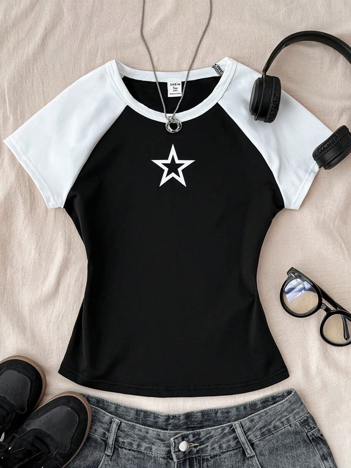 Teen Girl's Black&White Contrast Star Print Casual Round Neck T-Shirt,Summer And Top Cute Shirt With Girl Baseball For Girls