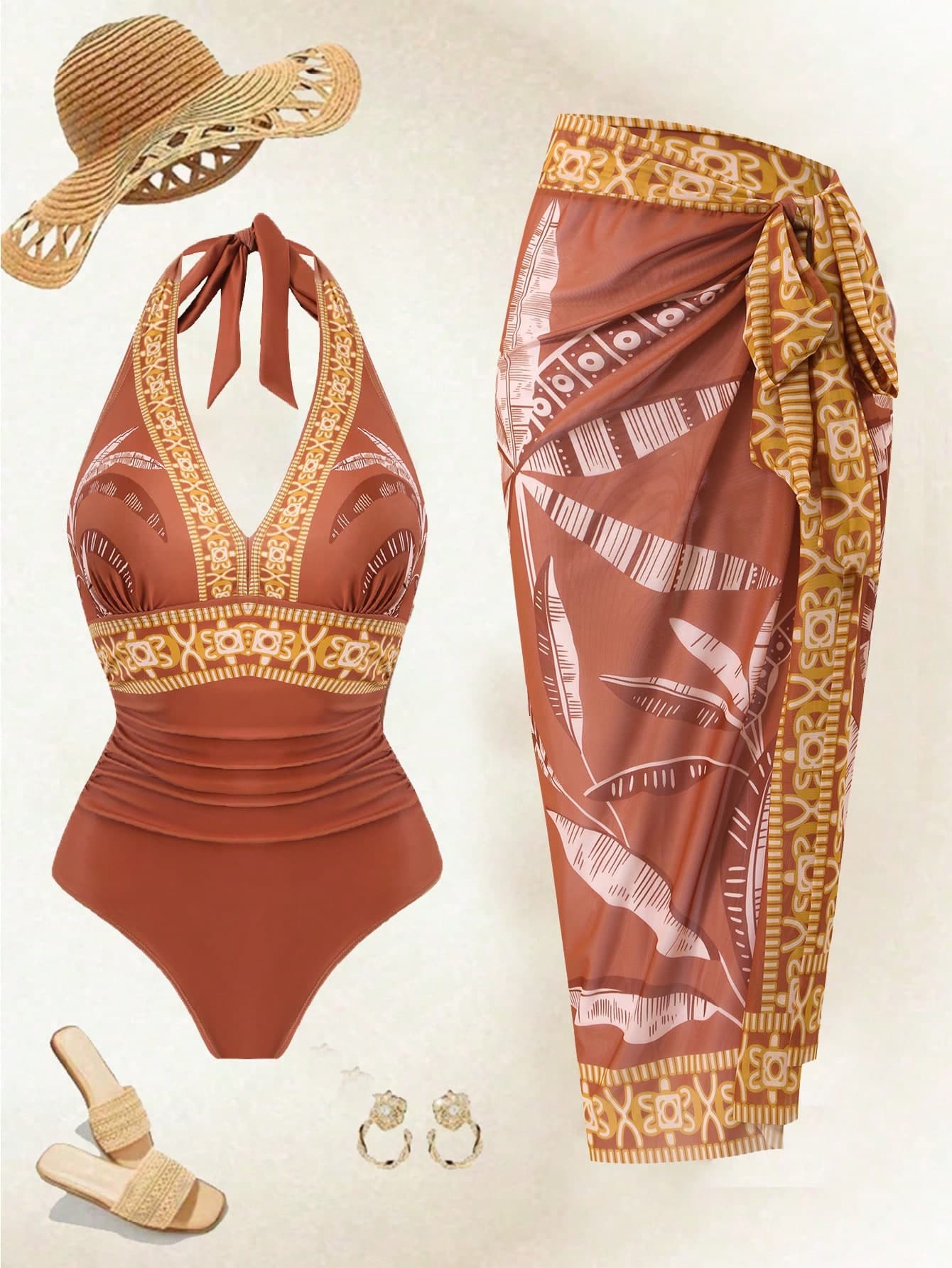 Swim Oasis Plus Size Yellow,Summer,Boho,Beach Vacation,Holiday Placement Print Halter Tie Shoulder V-Neck Ruched Waist Mesh Skirt Swimsuit One-Piece Women