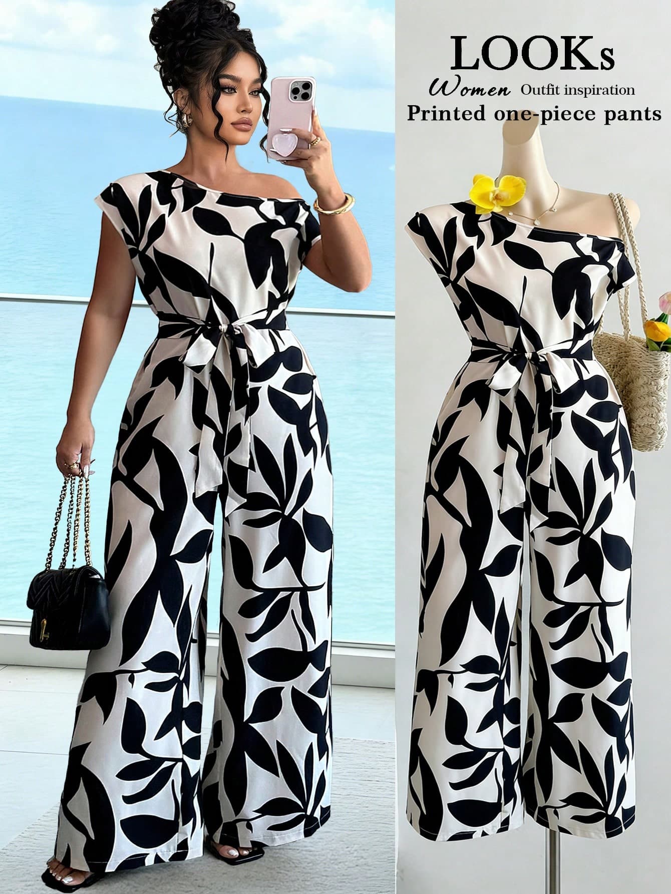Elenzga Elegant Black And White Women's Summer Printed Jumpsuit,Large-Sized Woven Wide Leg Palazzo Pants Set,Vacation Holiday One-Piece Outfit Summer Sets