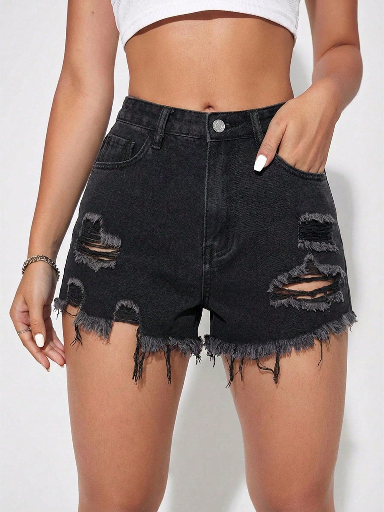 Jeanoix Women's Casual Streetwear Everyday Denim Shorts With Pockets, Button Closure And Distressed Hem Occasion Black Summer