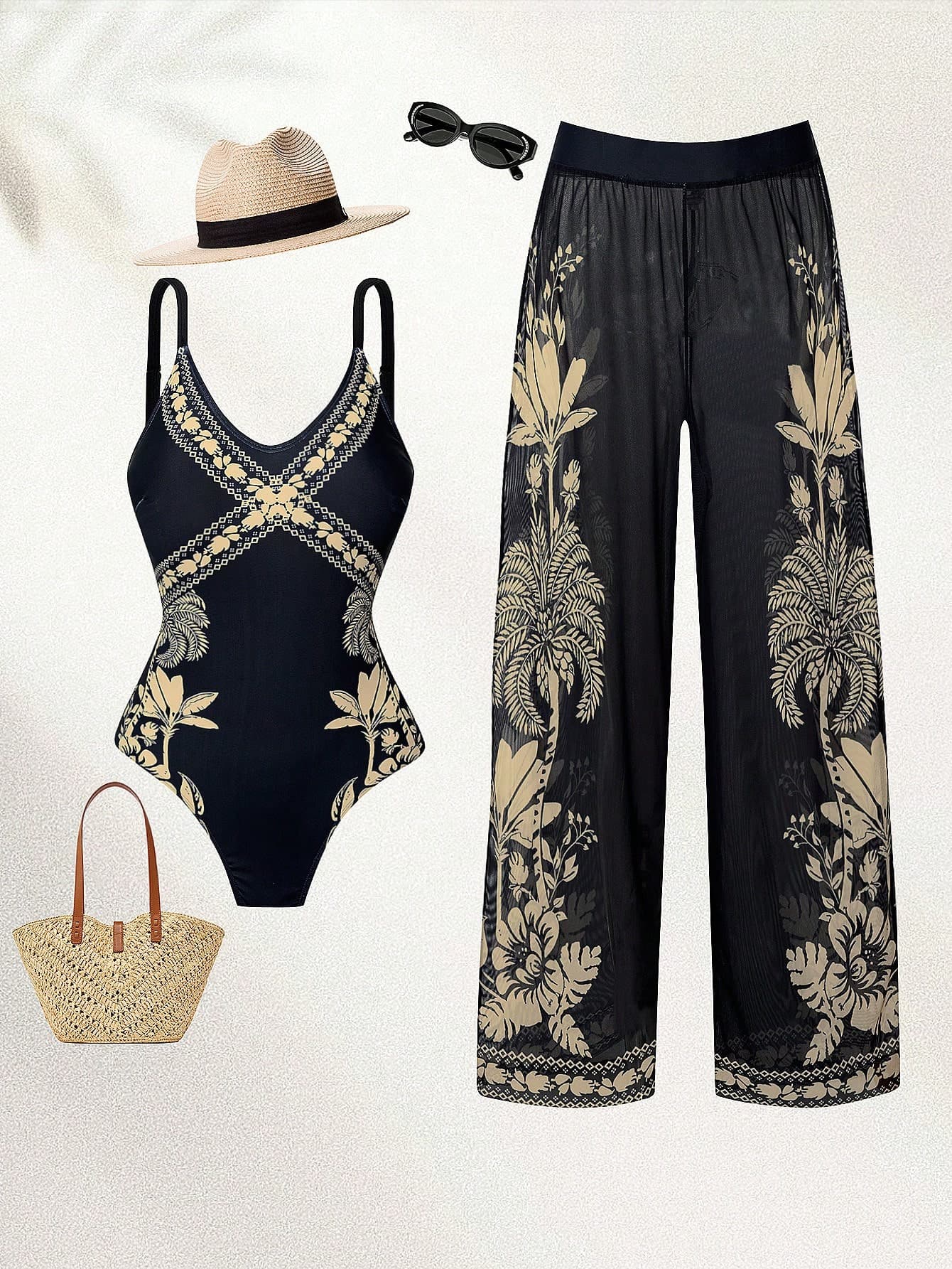 Swim Oasis Plus Size Women's 2-Piece Set,Black Placement Print Round Neck Adjustable Thick Strap Swimsuit&Mesh Skirt,Summer Boho Beach Holiday Outfit