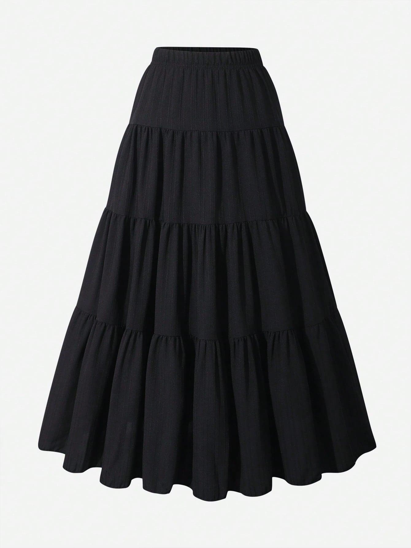 Girls' Black Woven Crinkle Fabric Ruffle Skirt,Summer Boho Casual Vacation Midi Long Skirts,Unique Texture Pleated Fluidity Elegant Outing Skirt