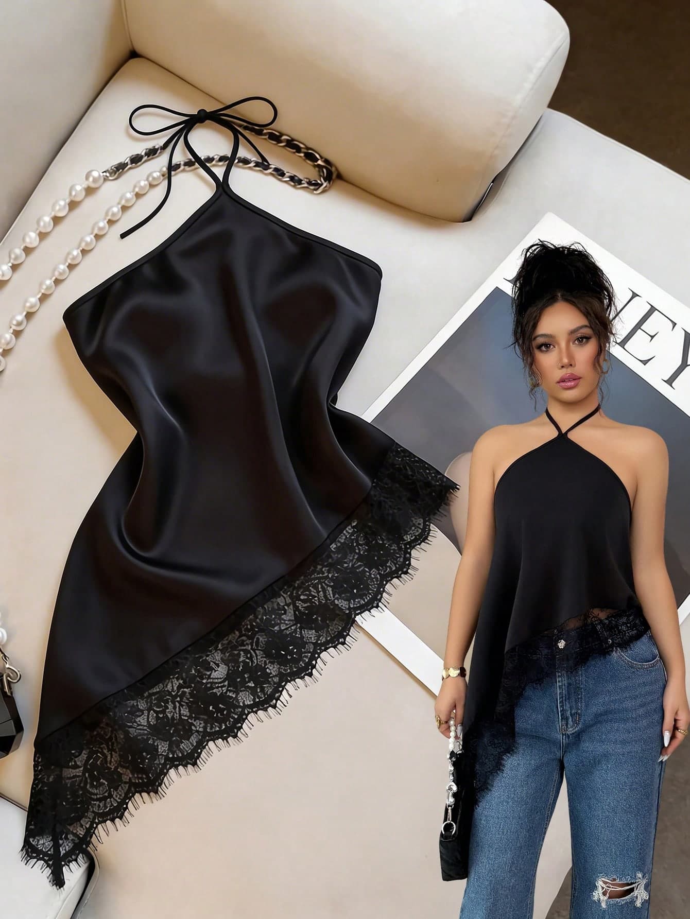 GlowEve Elegant Polka Dot Halter Neck Tie Backless Lace Trim Satin Jacquard Top For Party Night, Cocktail