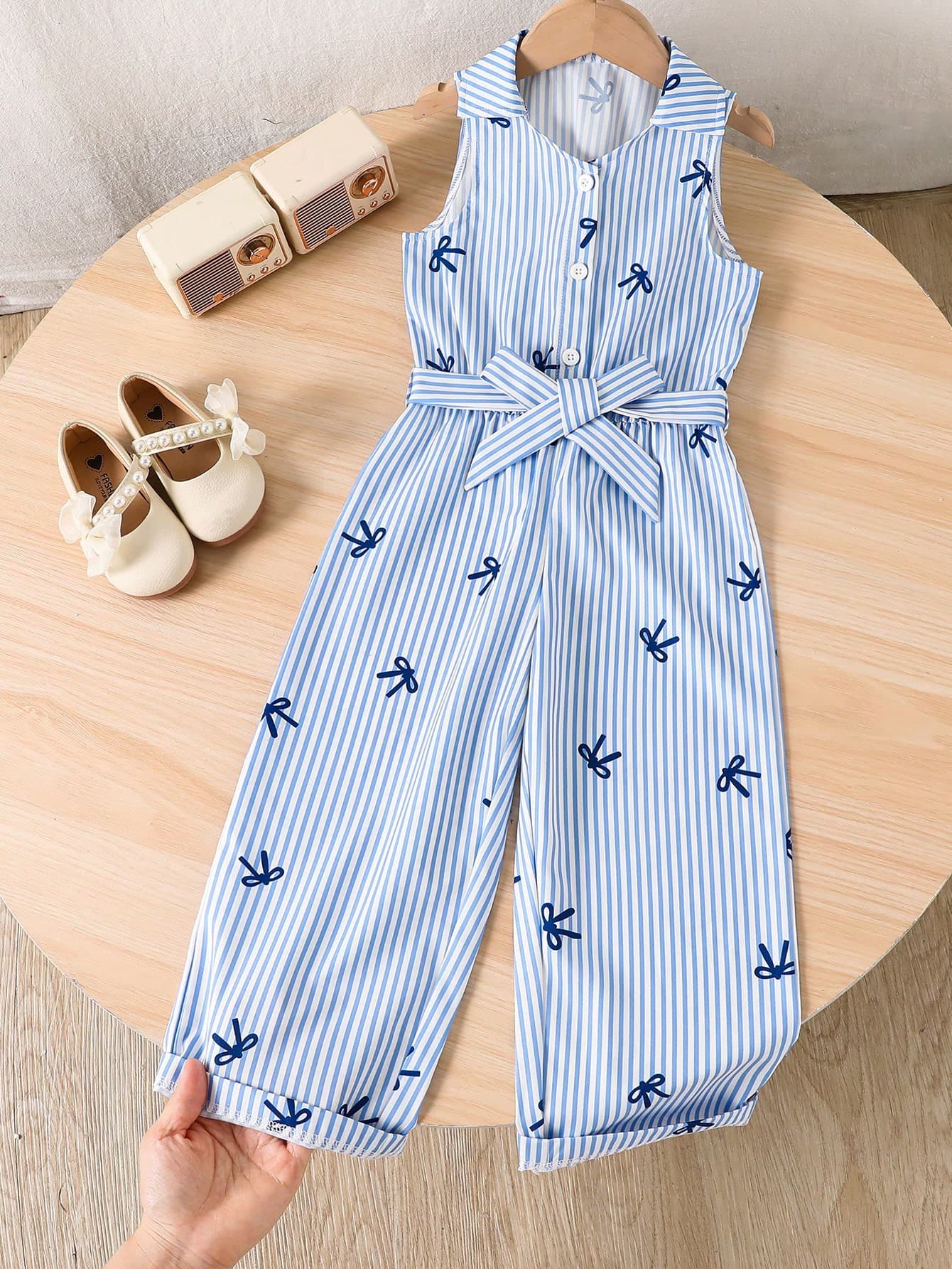 SHEIN Genkimix Kids Girls' Summer Sequin Family Matching Casual Collared Button-Front Belted Denim Look Jumpsuit Pants,Soft Crinkle Rompers For Kids Outings,Outfits