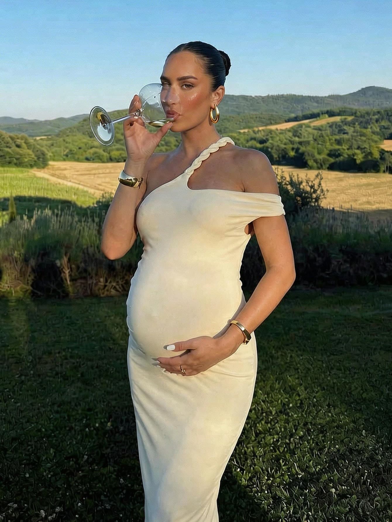 MaterniChic Maternity Solid Color Ruched Fitted Elegant One-Shoulder Dress Summer Outfits Beige Pregnancy One Shoulder Wedding Guest Dresses Yellow