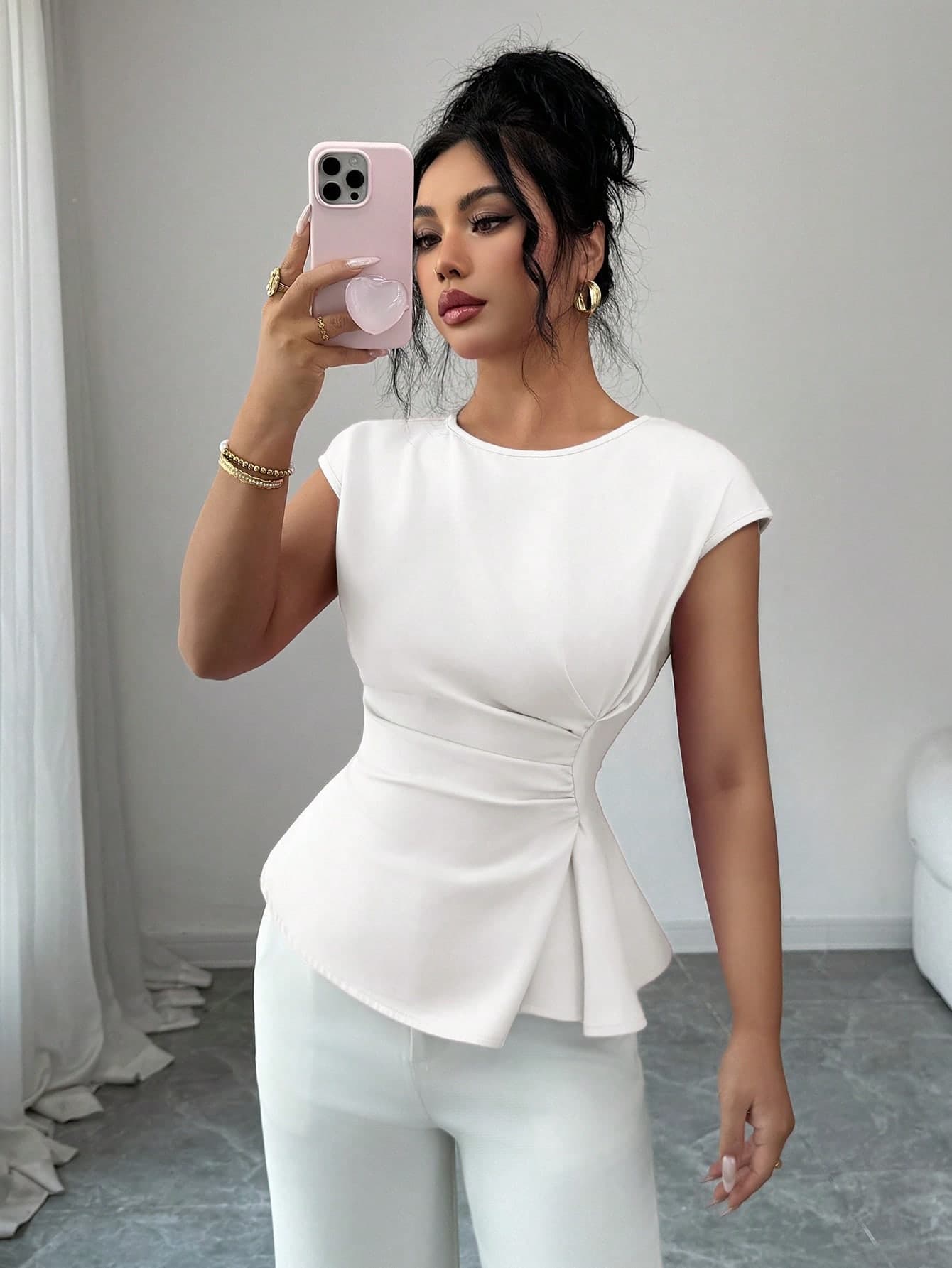 Elenzga Women's White Summer Elegant Office Work Sleeveless Top, Waist Gathered Style, Vacation Wedding Party Outdoor Top