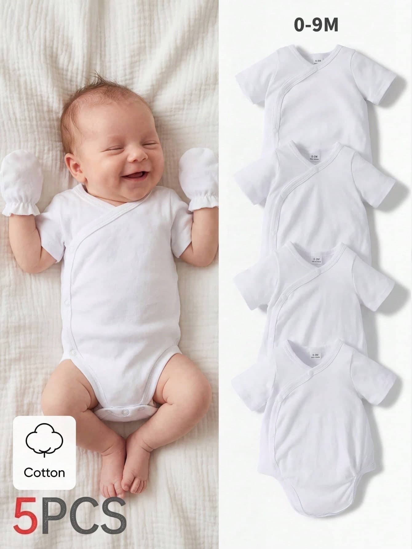 SHEIN 5pcs/Set Newborn Unisex White Summer Basics Romper Soft Comfortable Knitted Button Side Snap Bodysuit For 0-9M Infant Gender Neutral