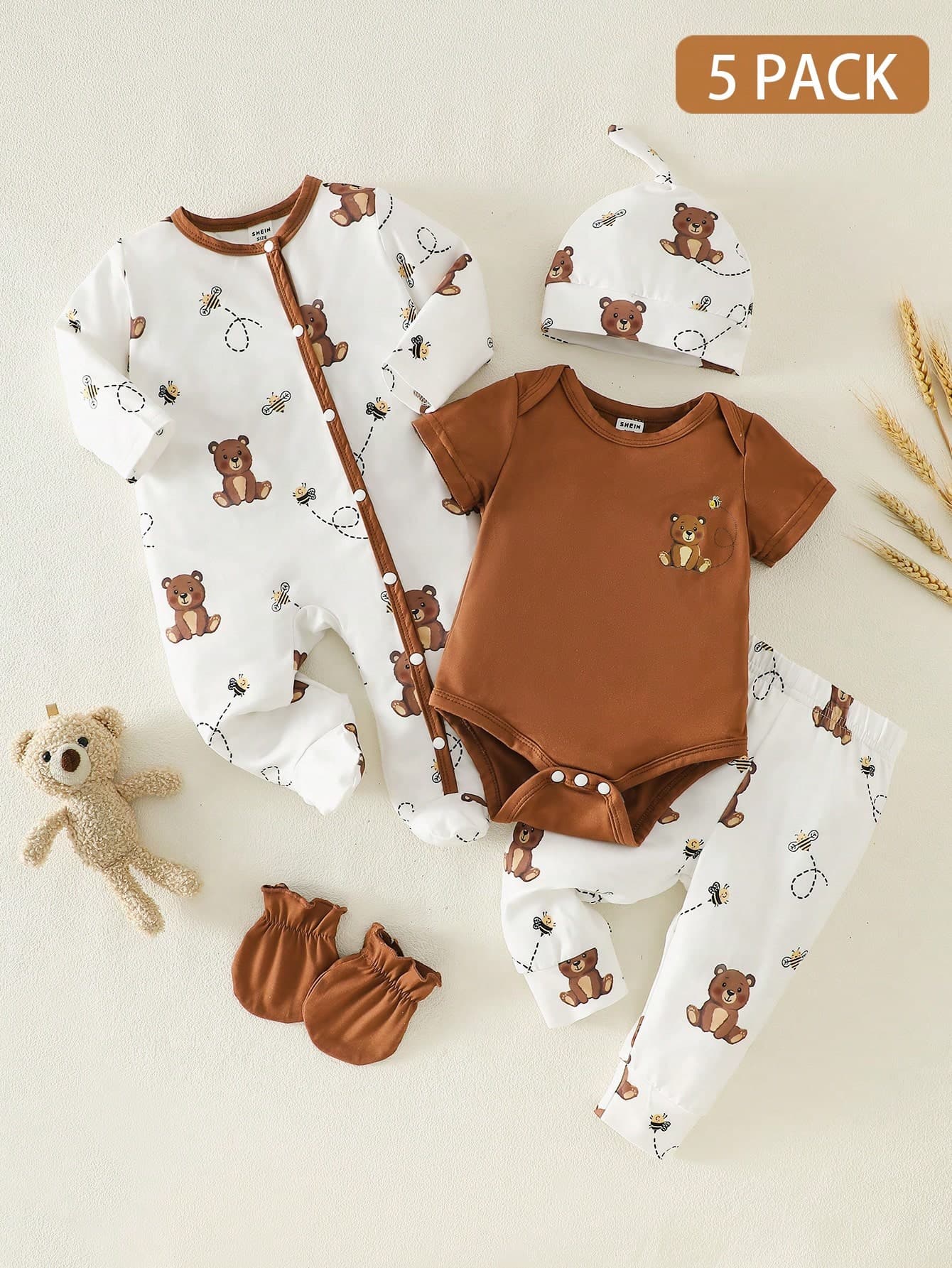 SHEIN 5-Piece Baby Girls Boys Clothes Set Newborn Bear Outfit Footed Romper Pants Cap&Mittens Brown And White Polka Dot Autumn Cute Holiday Gift Breathable