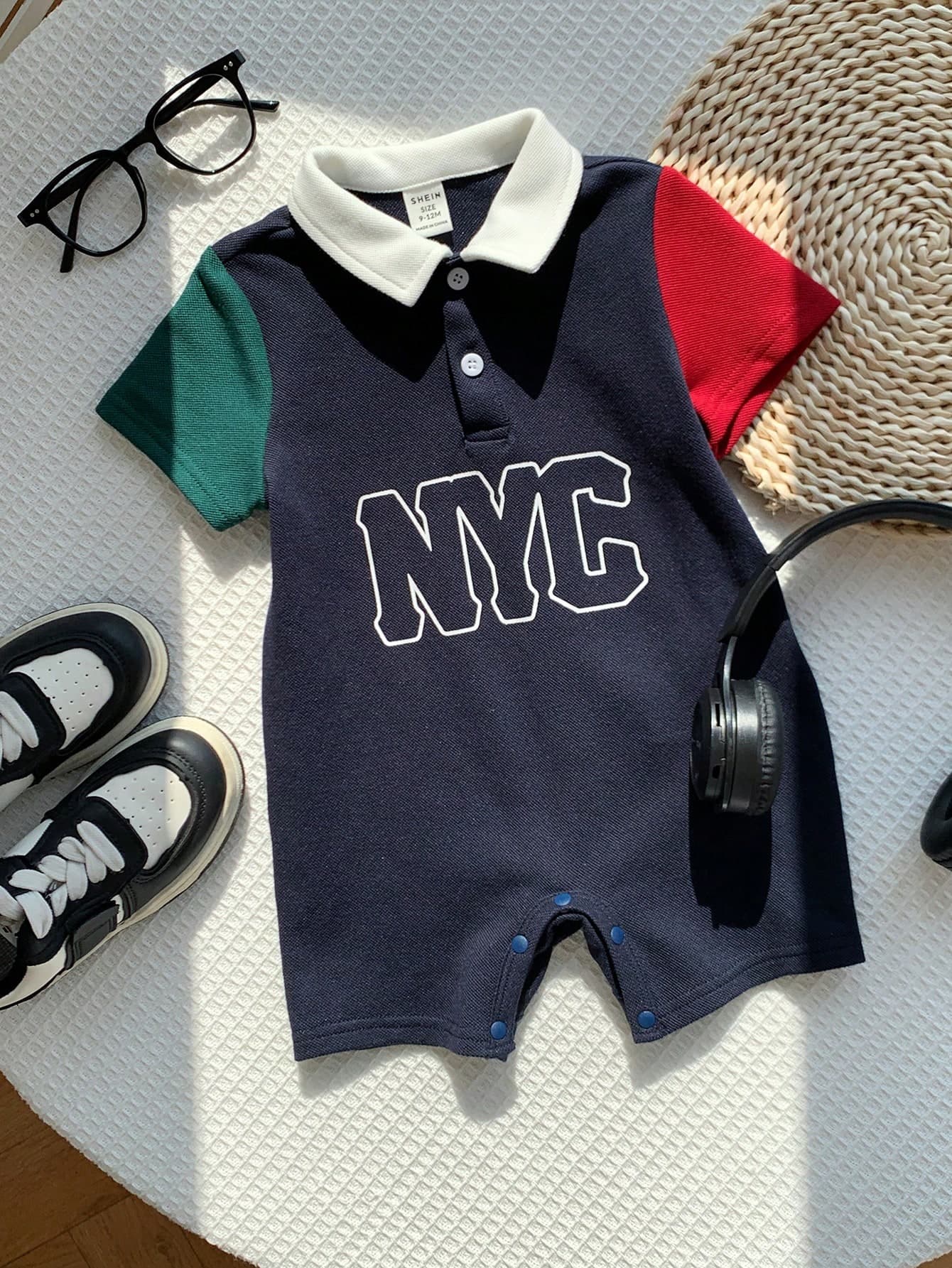 SHEIN Unisex Newborn Baby Boy/Girl Casual Cute Contrast Color Patchwork Short Sleeve Lapel Romper,Boy Outfit Sets,Spring/Summer Clothes