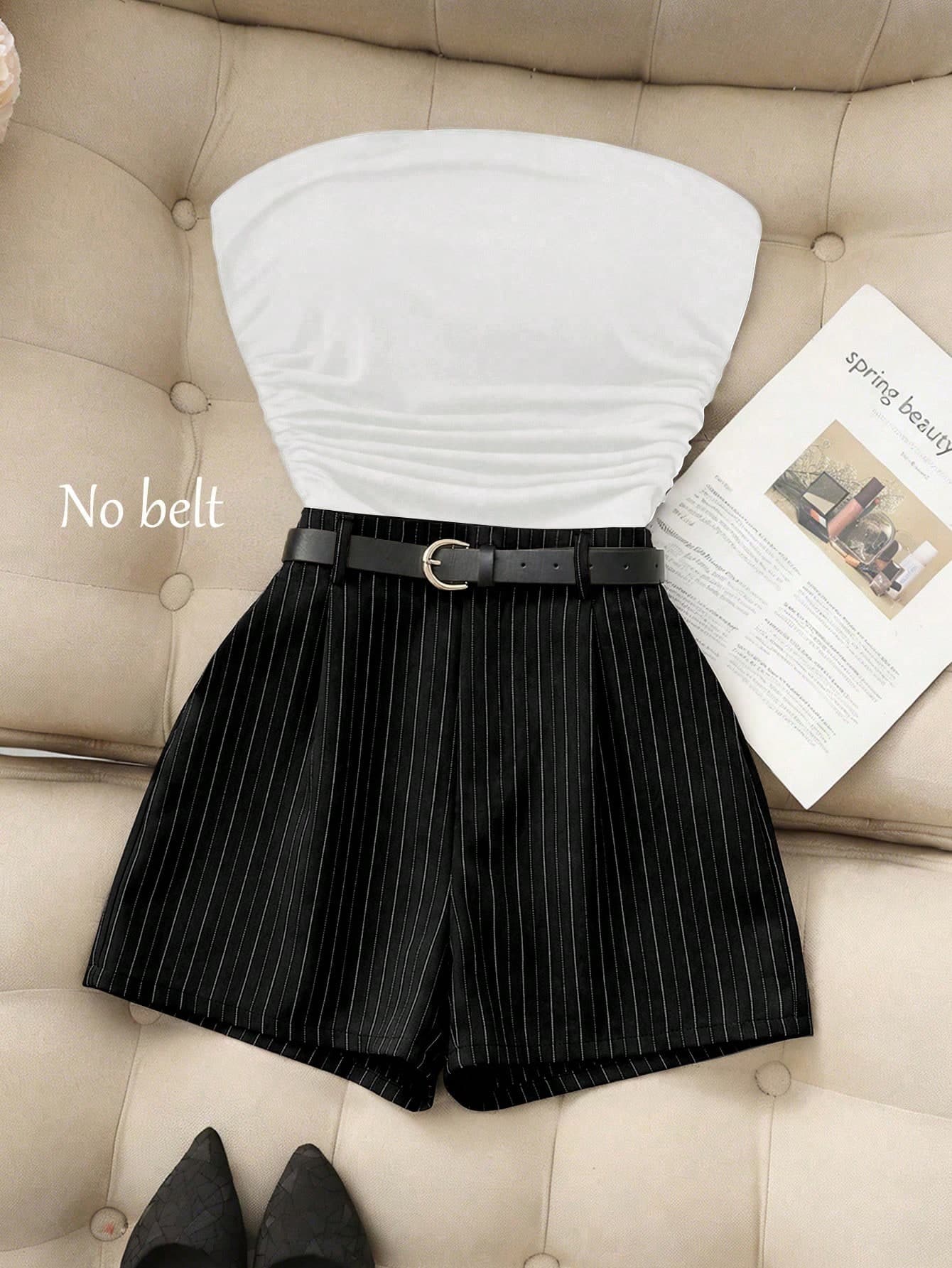 Franclia Casual Women's Black Striped Shorts Set With Strapless Bandeau Top And Woven Fabric, Perfect For Summer Outings