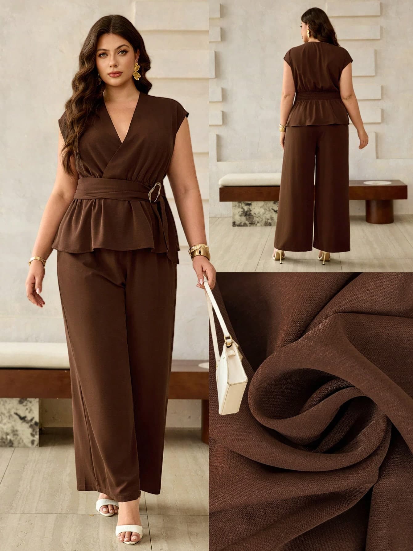 Roveilla Plus Size Elegant Brown Autumn Formal Woven Fabric Cap Sleeve V Neck Blouse And Pants Co-Ords,Zanzea Terno Yoga Jumpsuit Track Suits For Ladies