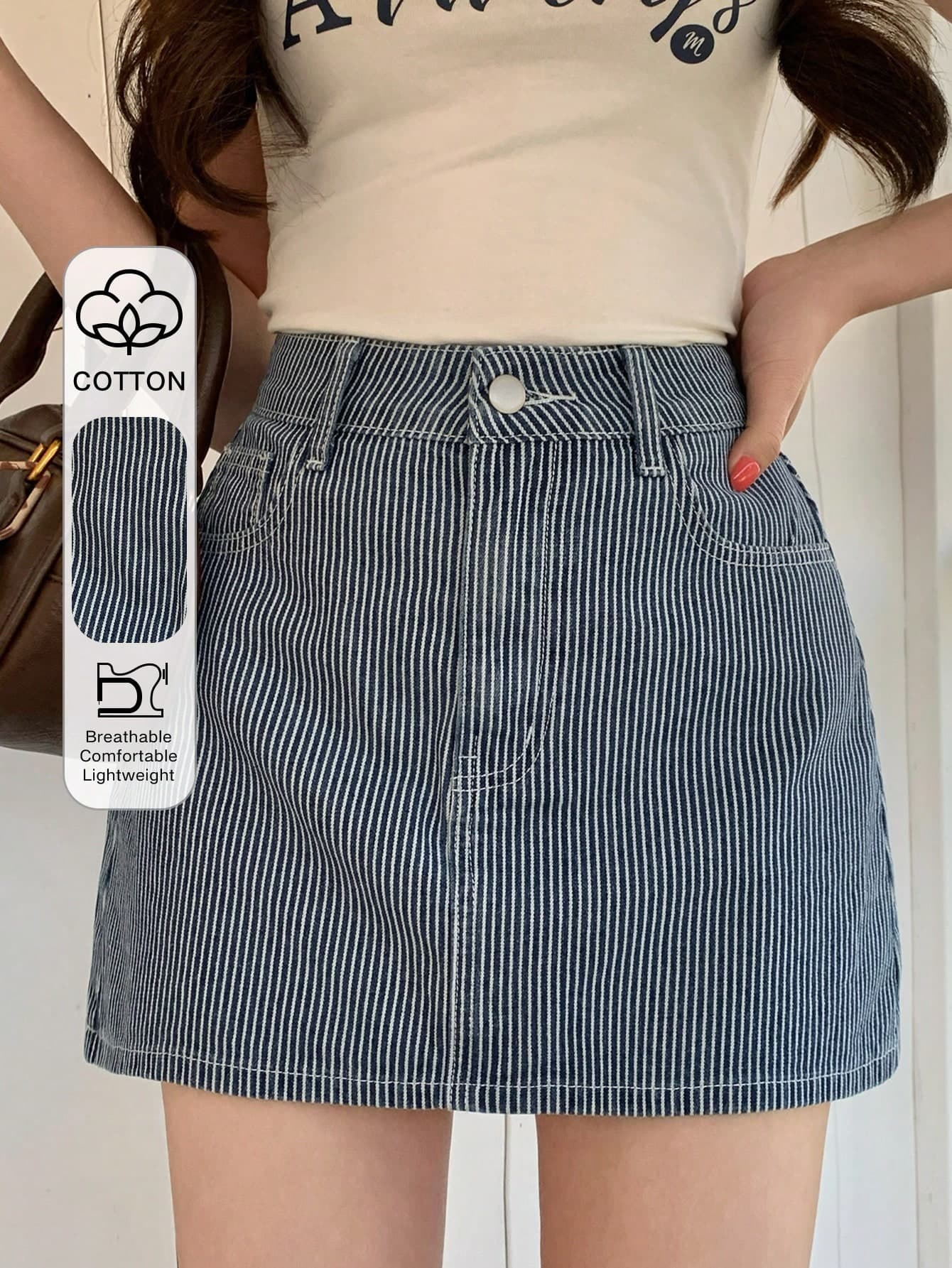 DAZY Women's Casual Striped Straight Short Denim Skirt, Summer