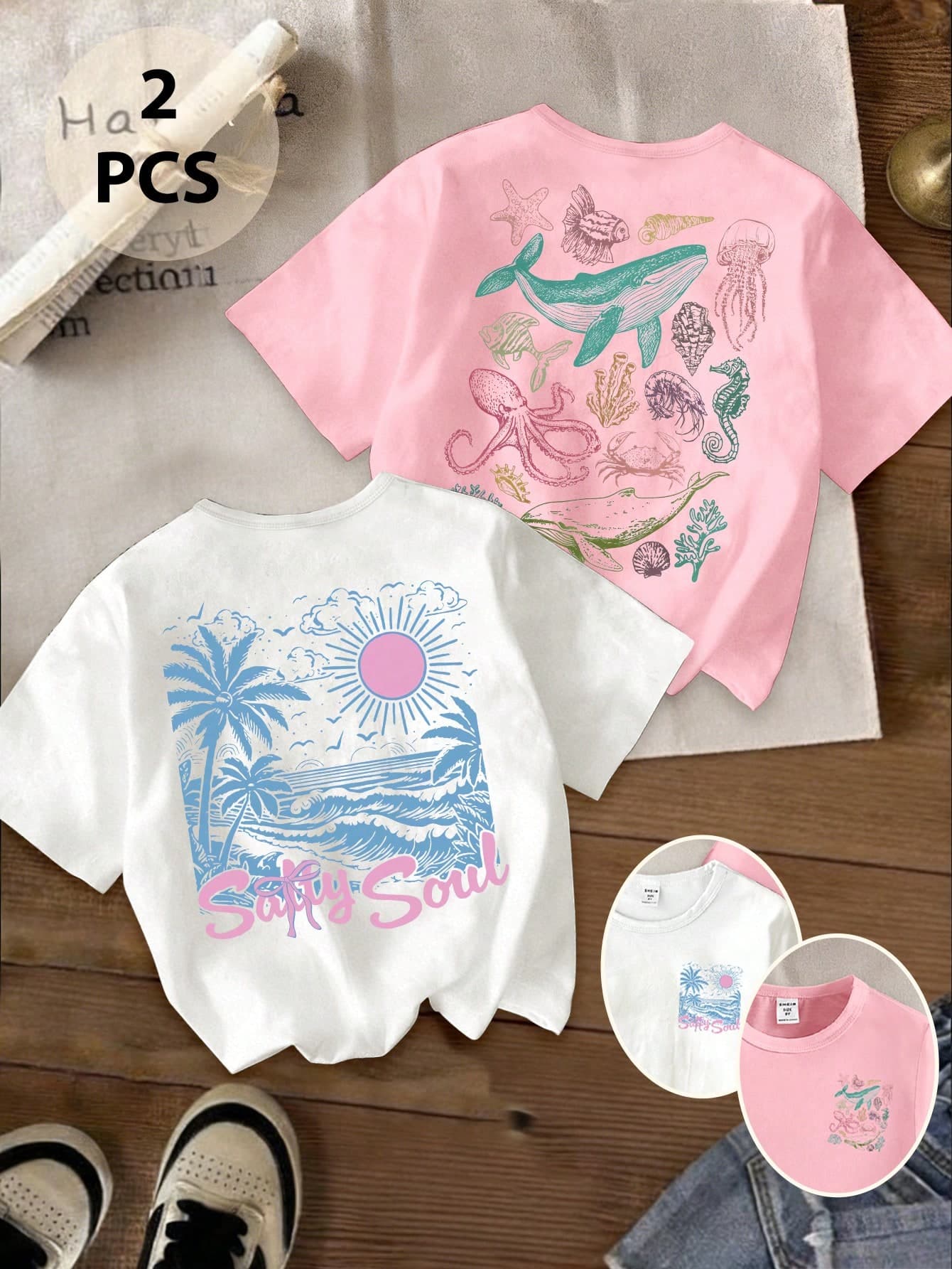 2pcs Young Girl Casual T-Shirt Set,Pink,Summer Fashion Fresh Palm Tree,Wave,Sun Graphic & Marine Life Whale,Jellyfish,Octopus Print White Pink Tops