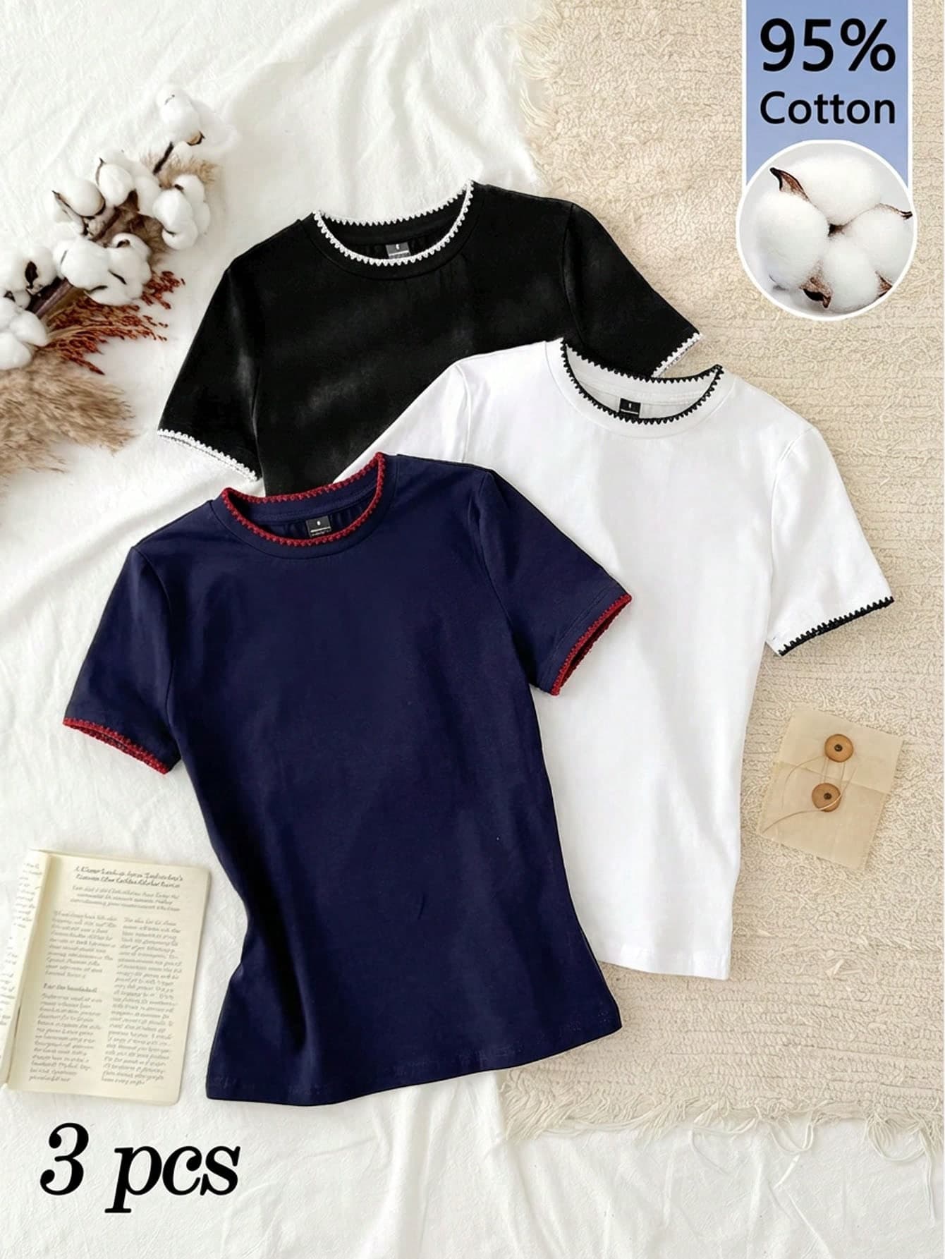 Tseoso 3pcs Set Women's 95% Cotton Herringbone Embroidery Slim Fit Round Neck Tee Shirt,Navy And White,Summer,Casual,Everyday Chic Beach Vacation Top Set