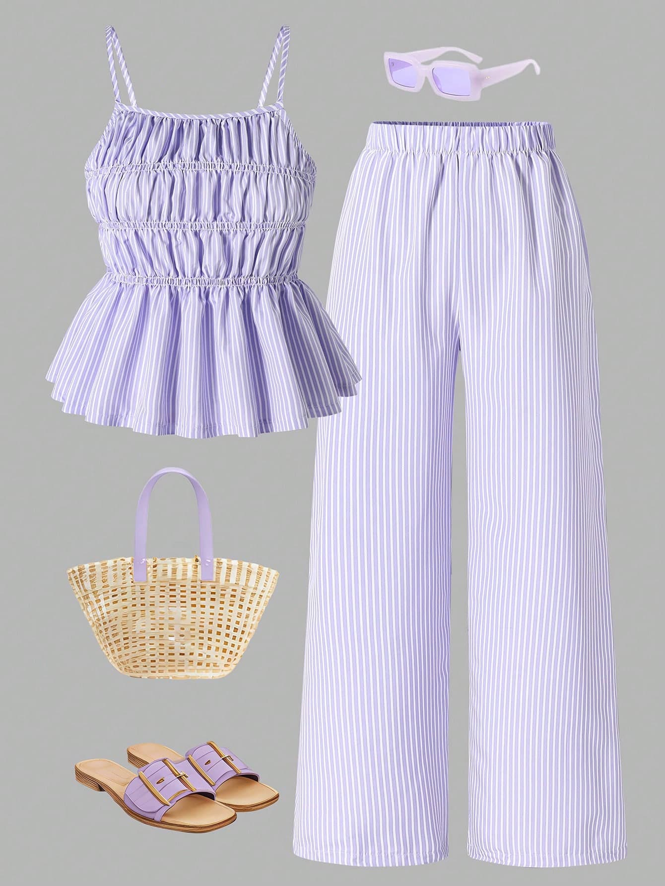 SHEIN Sparklyn 2pcs/Set Teen GirlCasual Camisole Top And Wide Leg Pants Set, Summer