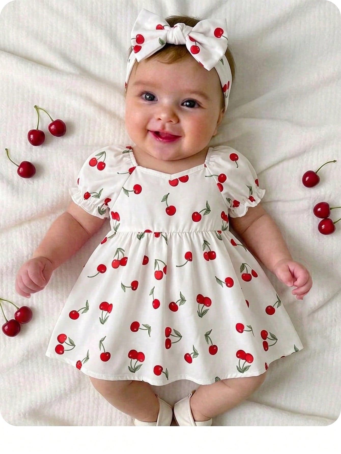 SHEIN Newborn Baby Girl Casual Cute Cherry Print Short Sleeve Dress