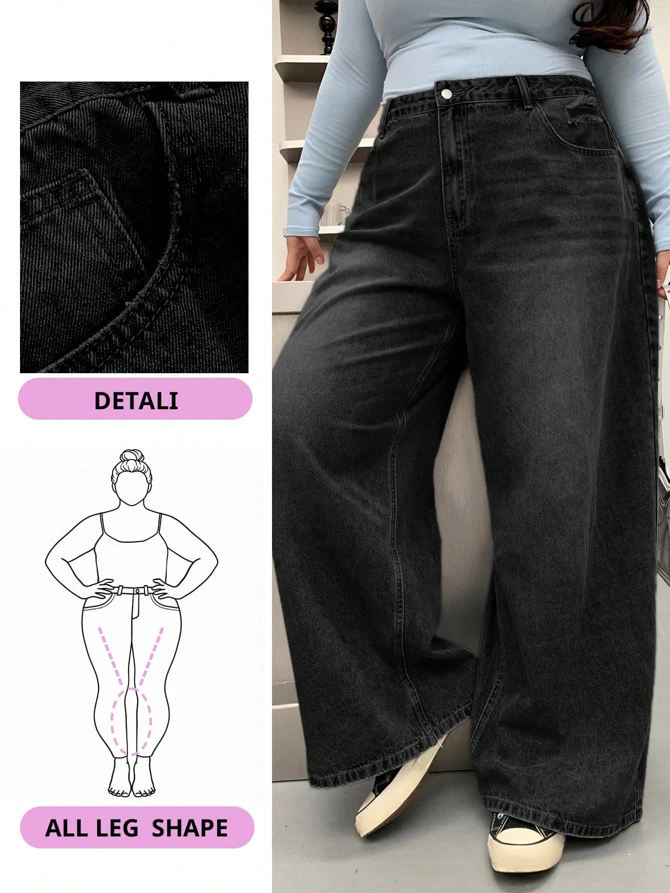 Dazy Plus Plus Size Women Vintage Wash Distressed Wide Leg Long Denim Jeans,Baggy Jeans