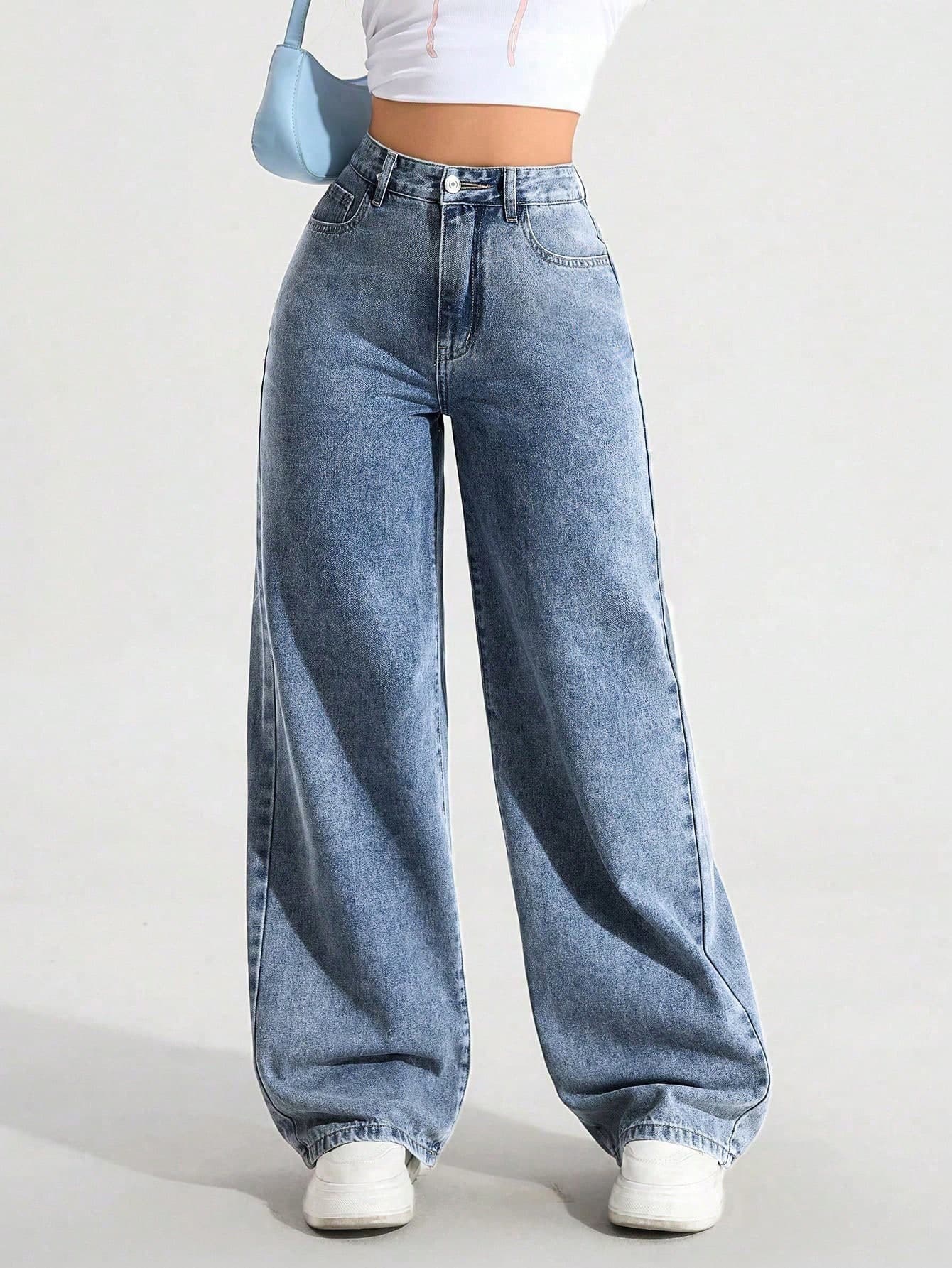 Flirla Women's High Waist Pockets Wide Leg Loose Casual Denim Jeans