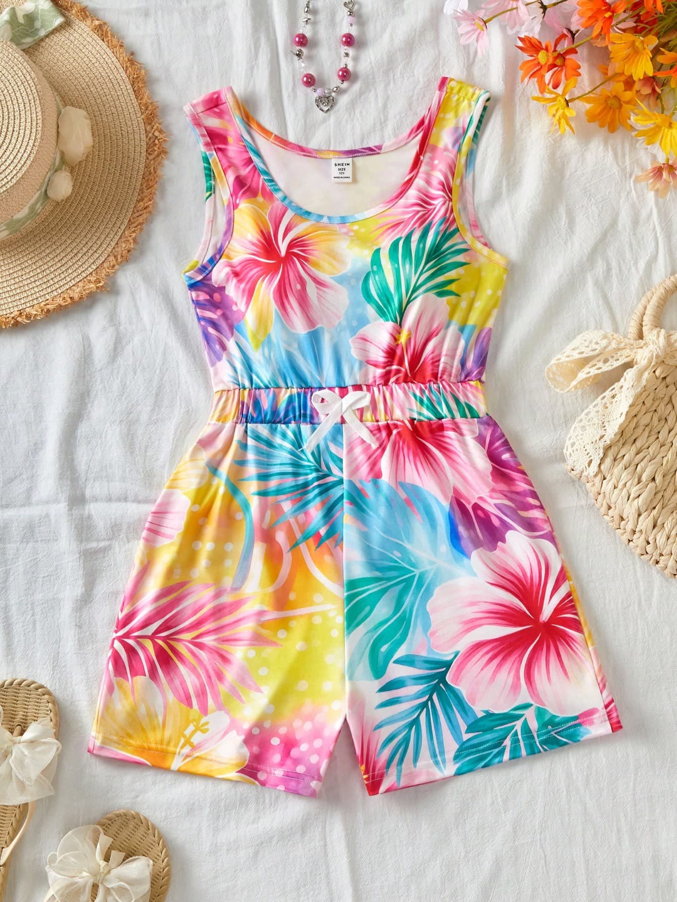 Sparklyn Tween Girls' Tie-Dye Squishy Jumpsuit,Yellow Summer Boho Vacation Holiday,Round Neck Cinched Waist Loose Shorts,Casual Energetic Daily Bodysuits