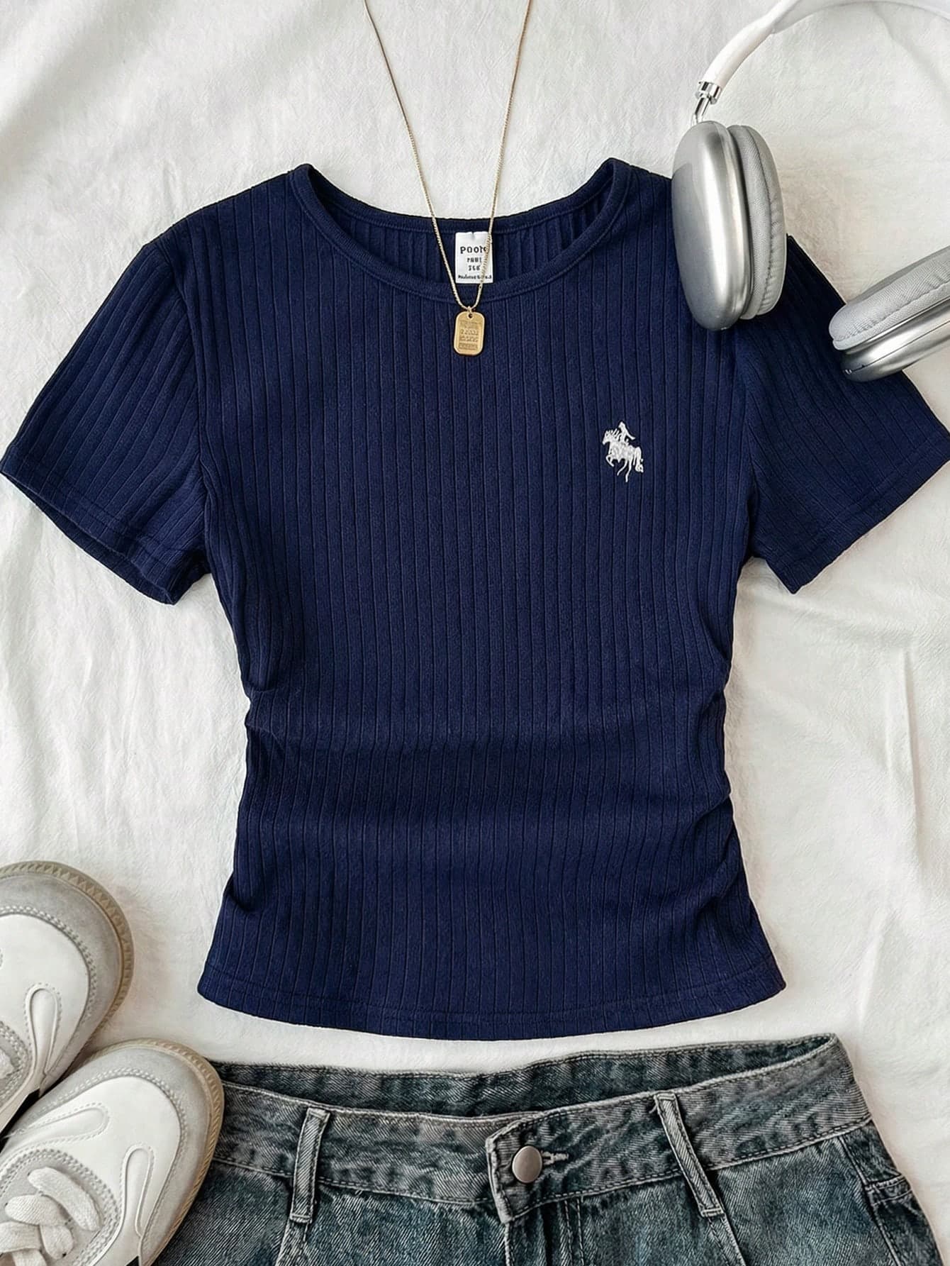 Teen Girl All-Match Crew Neck Elastic Fitted Short Sleeve Navy T-Shirt,Summer Casual Preppy Stitched Tops For Graduation & Back-To-School,Kids