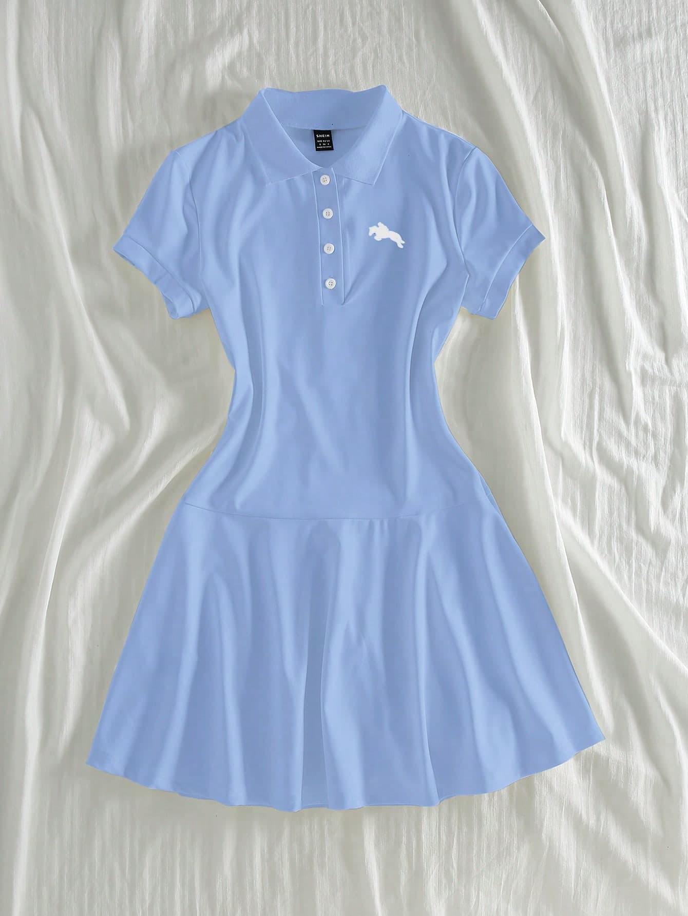 Elamini Polo Collar Embroidered Casual Short Sleeve Dress For Women, Spring/Summer Back-To-School School Light Blue