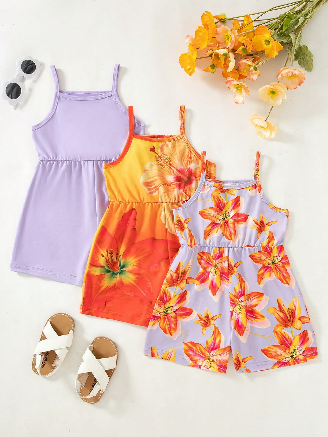 3pcs/Set Toddler Girls' Summer New 2025 Floral Print & Solid Color Romper Shorts, Minimalist Fashionable Vacation Style