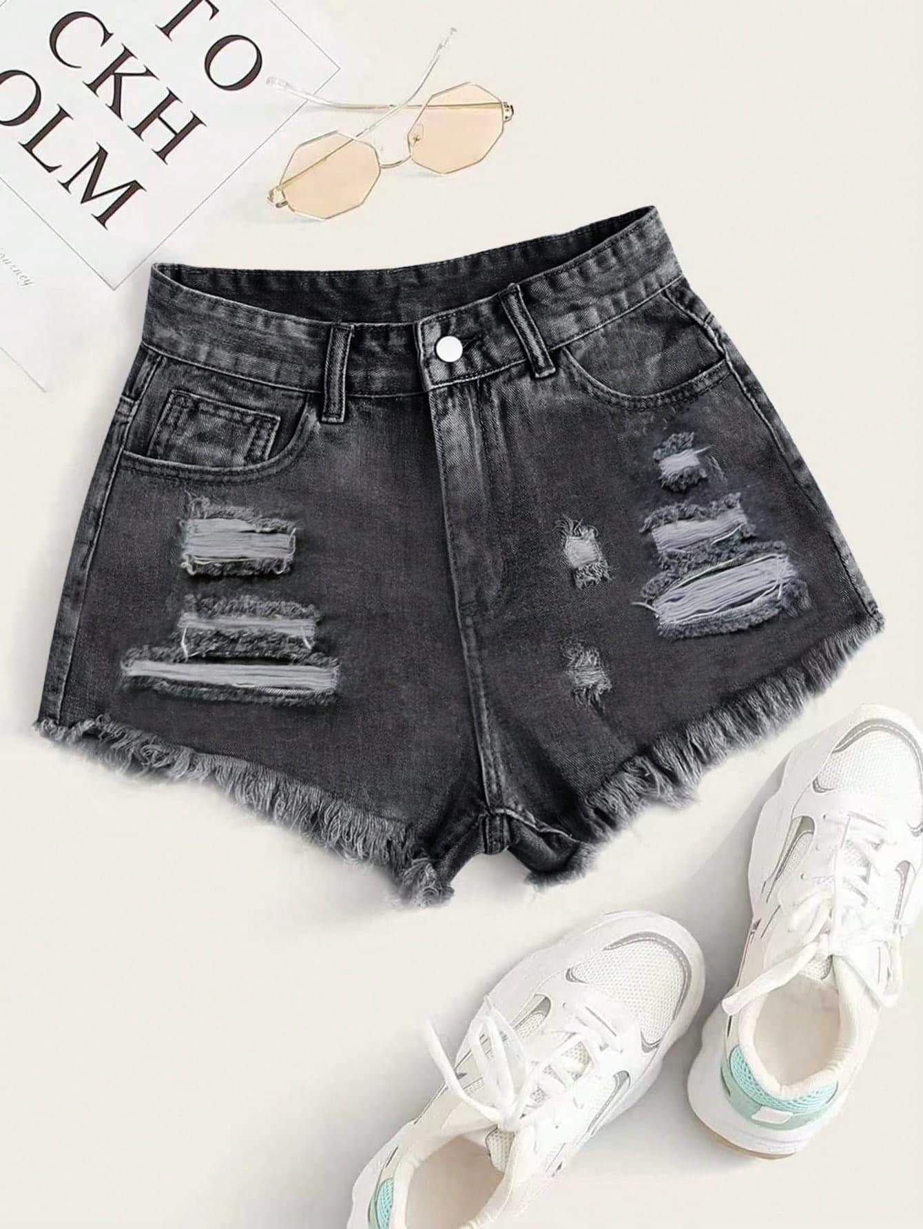 SHEIN Essnce Women's Pocketed Button Distressed Frayed Hem Casual Everyday Denim Shorts