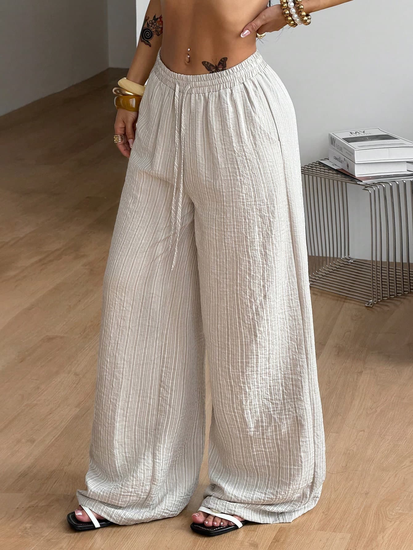 Coolane Women's Summer Vacation Holiday Beach Outfits   Boho Casual Striped Comfortable Khaki Baggy Curved Hem Pants