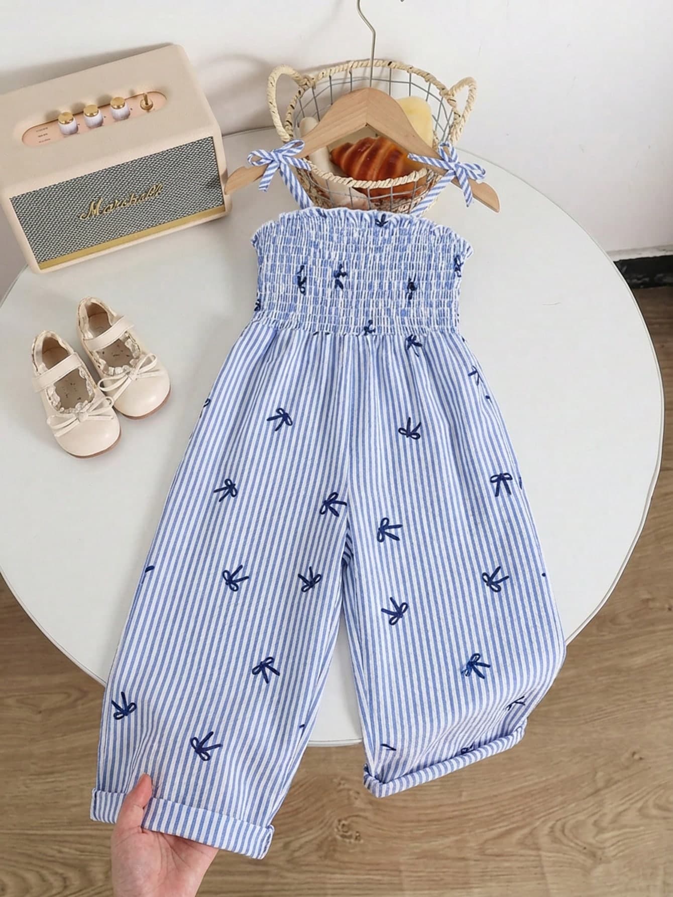 SHEIN Elladie kids Girls'Retro Bohemian Spaghetti Strap Relaxed Fit Wide Leg Jumpsuit,Black & White Totem Print,Summer Matching Family Vacation Elegant Flowing Outing
