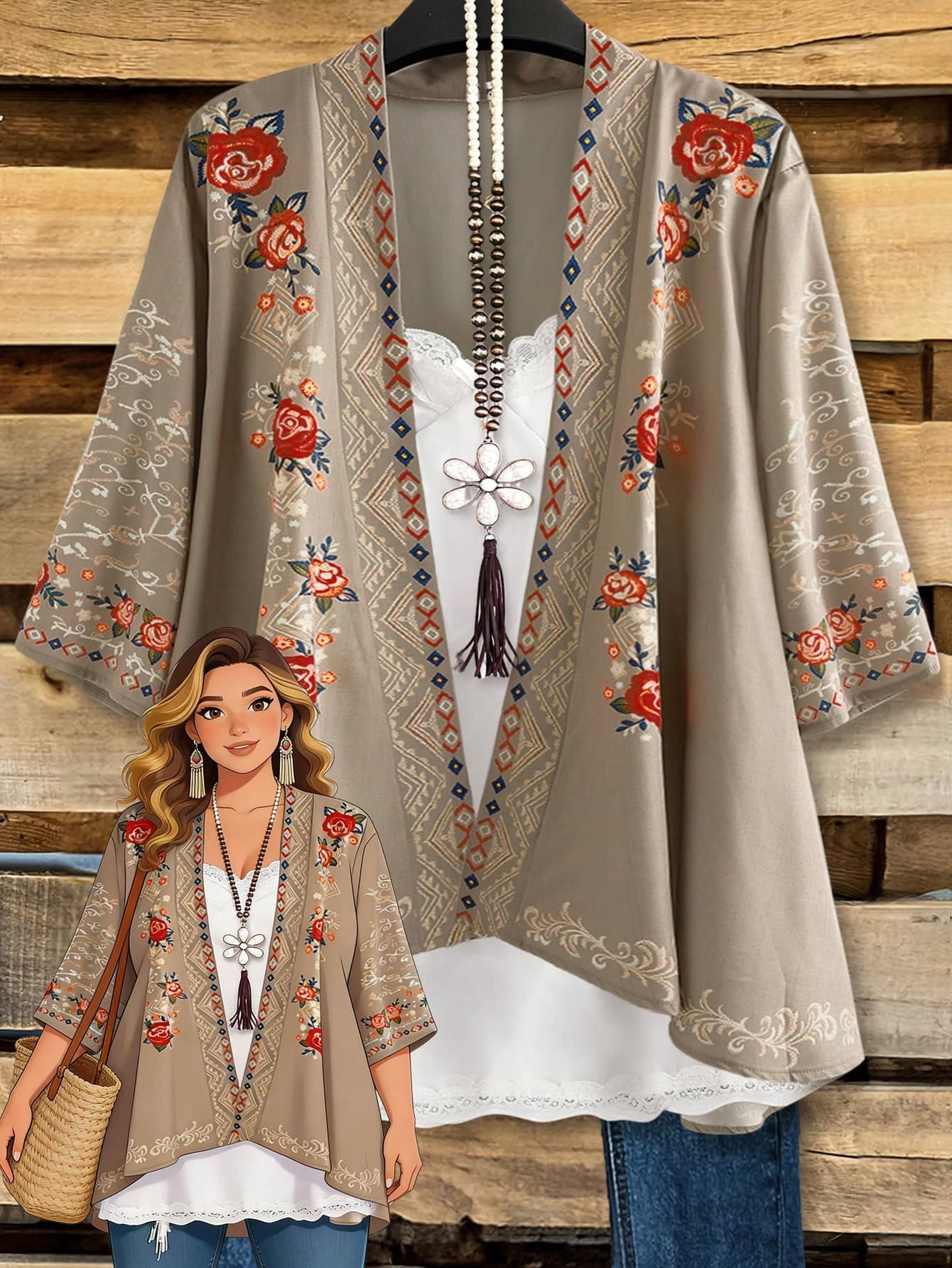 Rusticease Plus Size Women Floral Print Loose Casual Open Front Coat Summer Spring Country Style For Vacation Holiday