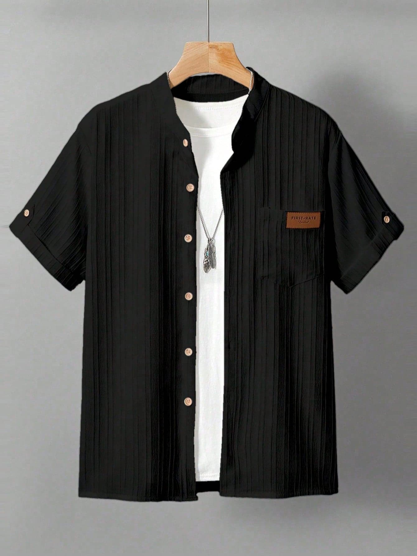 SHEIN Casual Textured Striped Fabric Stand Collar Shirt For Teenage Boys, Comfortable & Versatile For Daily, Commute, Vacation Wear