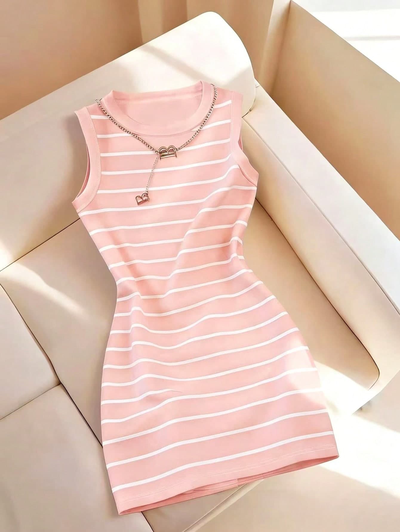 Resyla Women's Spring/Summer New Arrival Striped Print Round Neck Fitted Camisole Dress