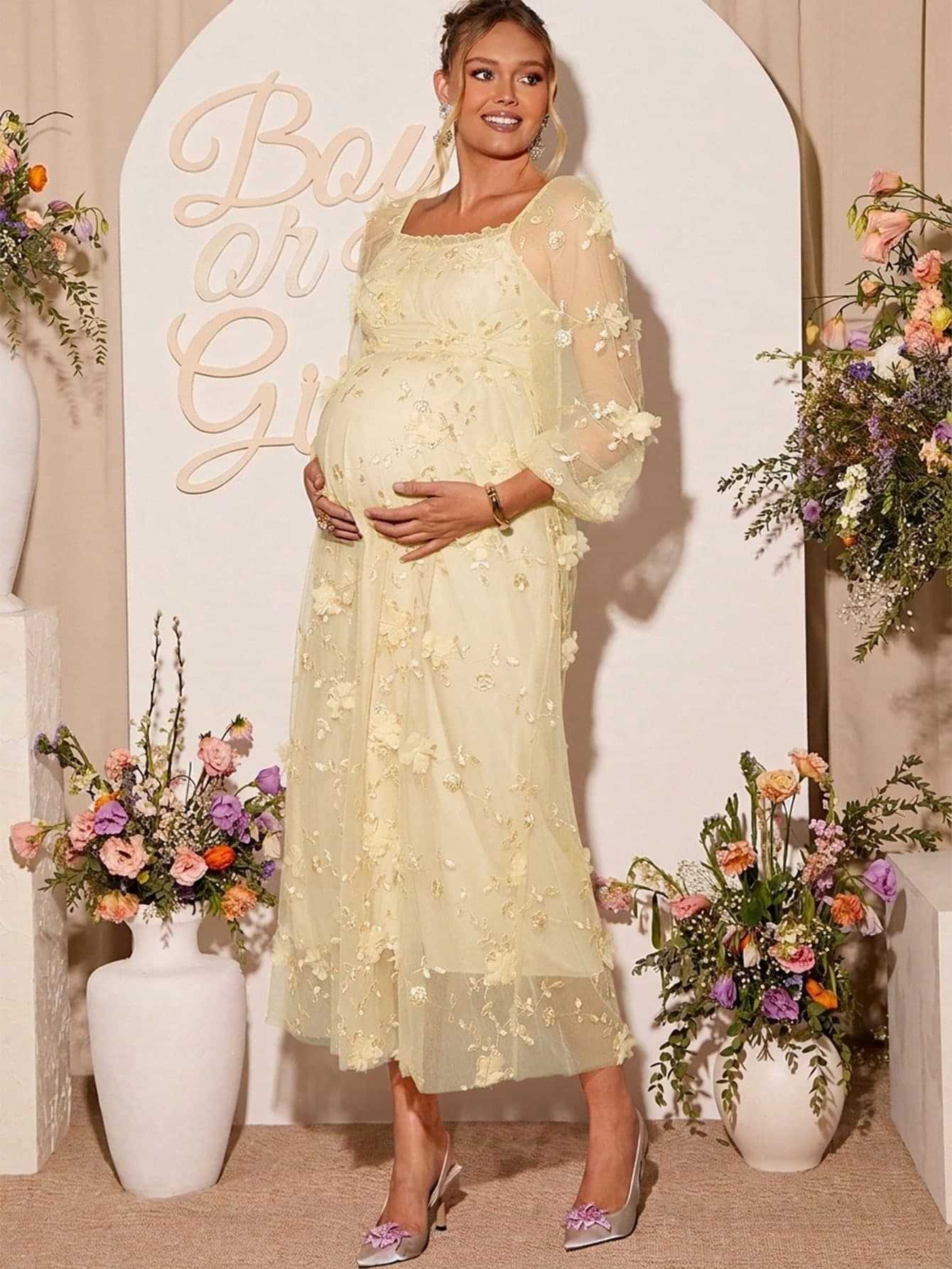 Loomaby Maternity Solid Color Mesh Patchwork Applique Elegant Long Sleeve Dress Fall