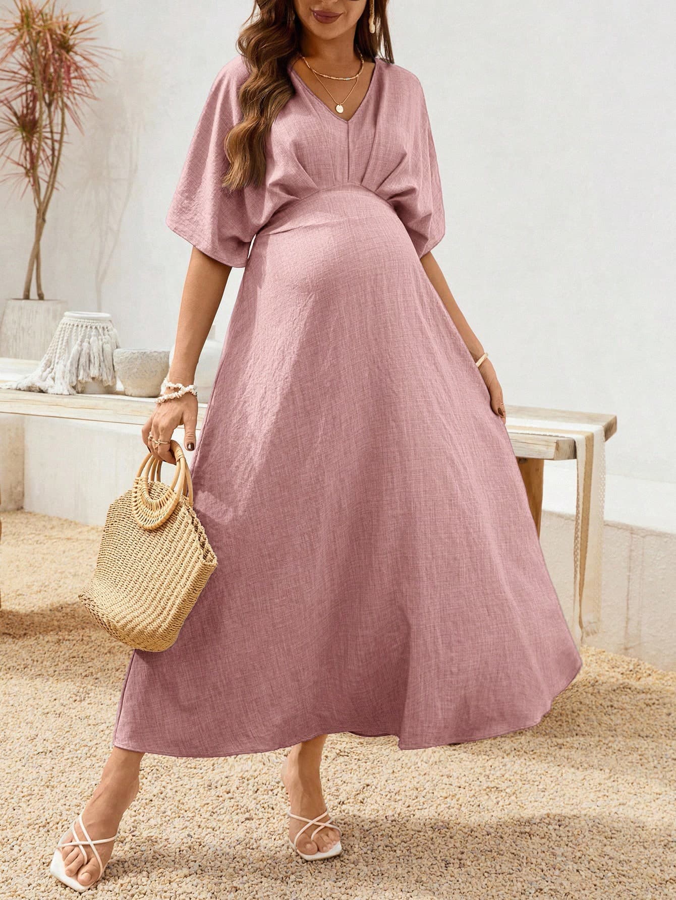 SHEIN Pregnant Women's Summer Casual Vacation Style Solid Color V-Neck Batwing Sleeve Pleated Dress