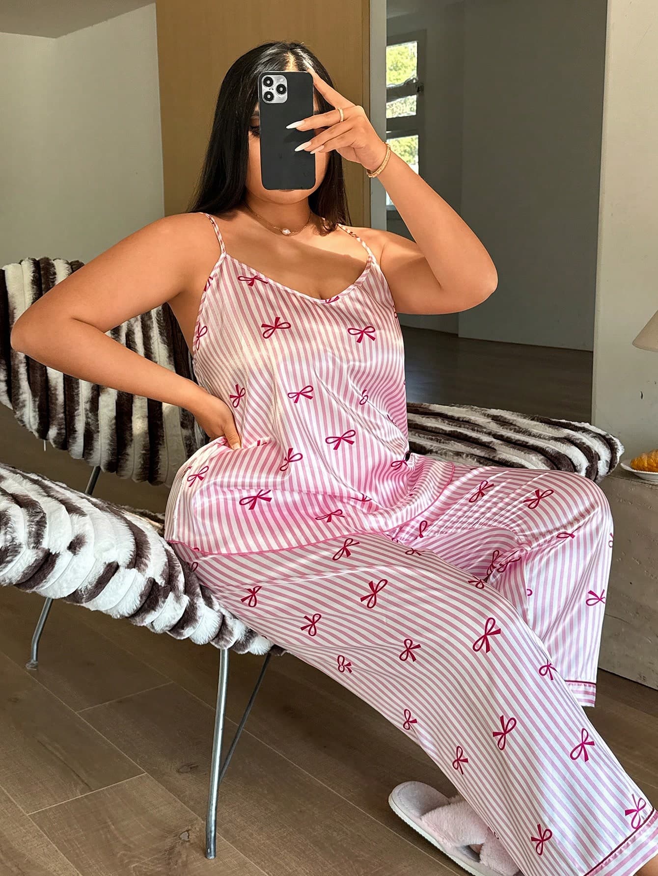 Napfluff CURVE Napfluff CURVE Plus Size Pink & White Striped Bow Print Faux Silk Camisole PJS Cami And Pants Pajamas Pink Striped Pajamas Satin PJS Bow Print PJS