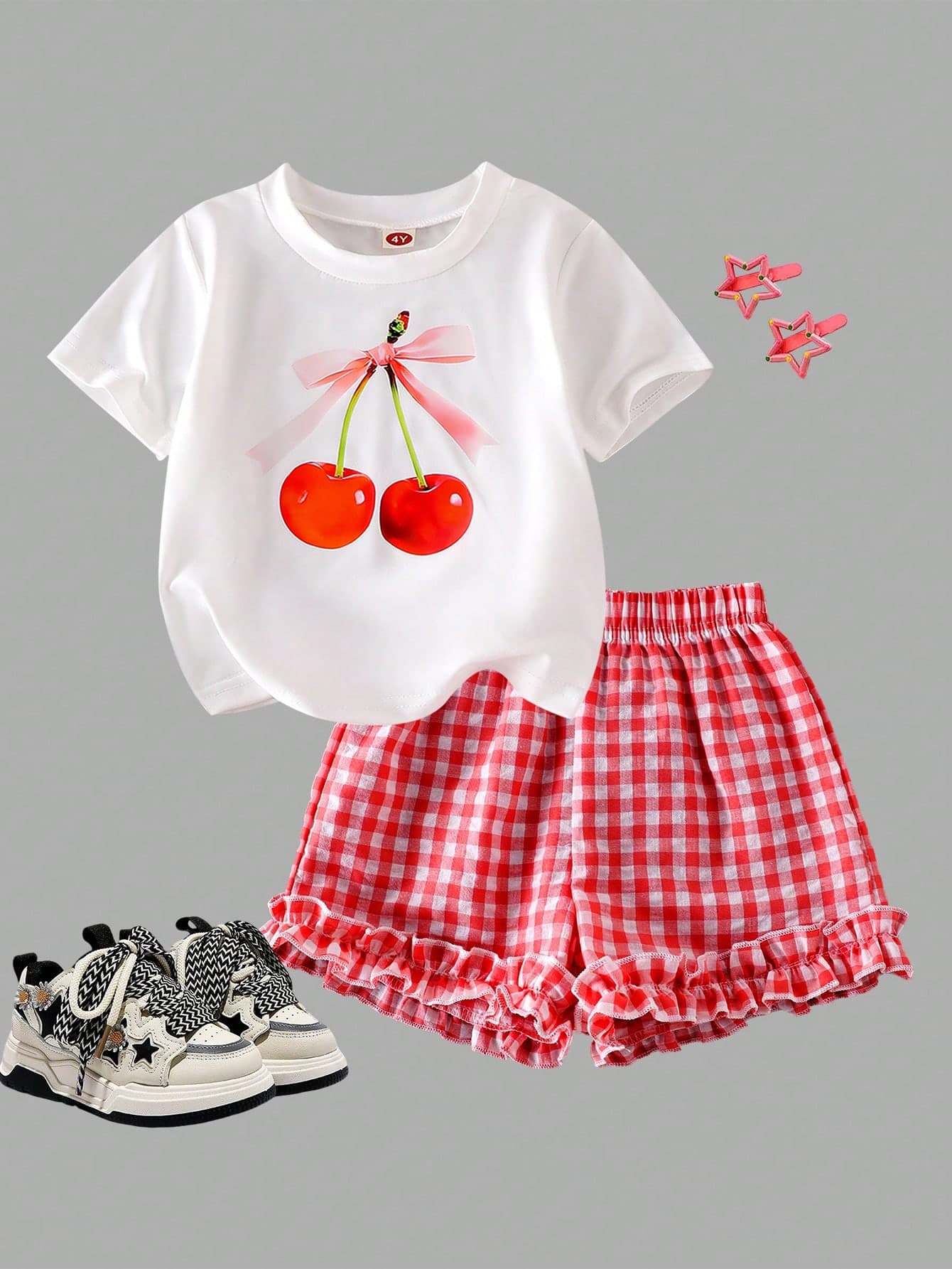SHEIN Genkimix Kids 2pcs/Set Young Girls Brand T-Shirt Set, Korean Style Loose Cute Crop Top Two Pieces Suit, Summer