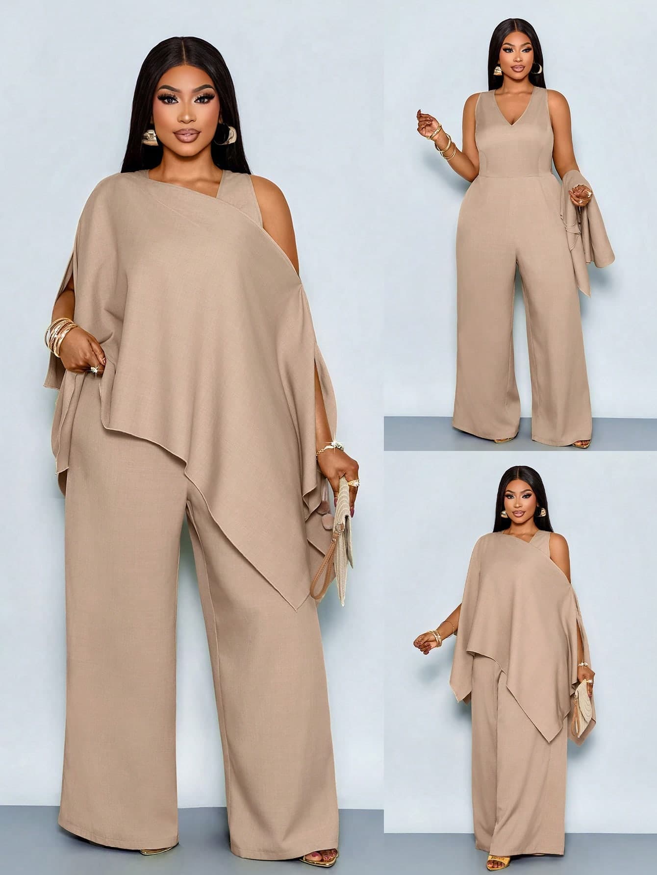 SOLERSUN Plus Size Women's Elegant Formal Khaki Autumn Solid Color Shawl Asymmetrical Top & Deep V-Neck Elastic Waist Wide-Leg Jumpsuit Two-Pieces Set